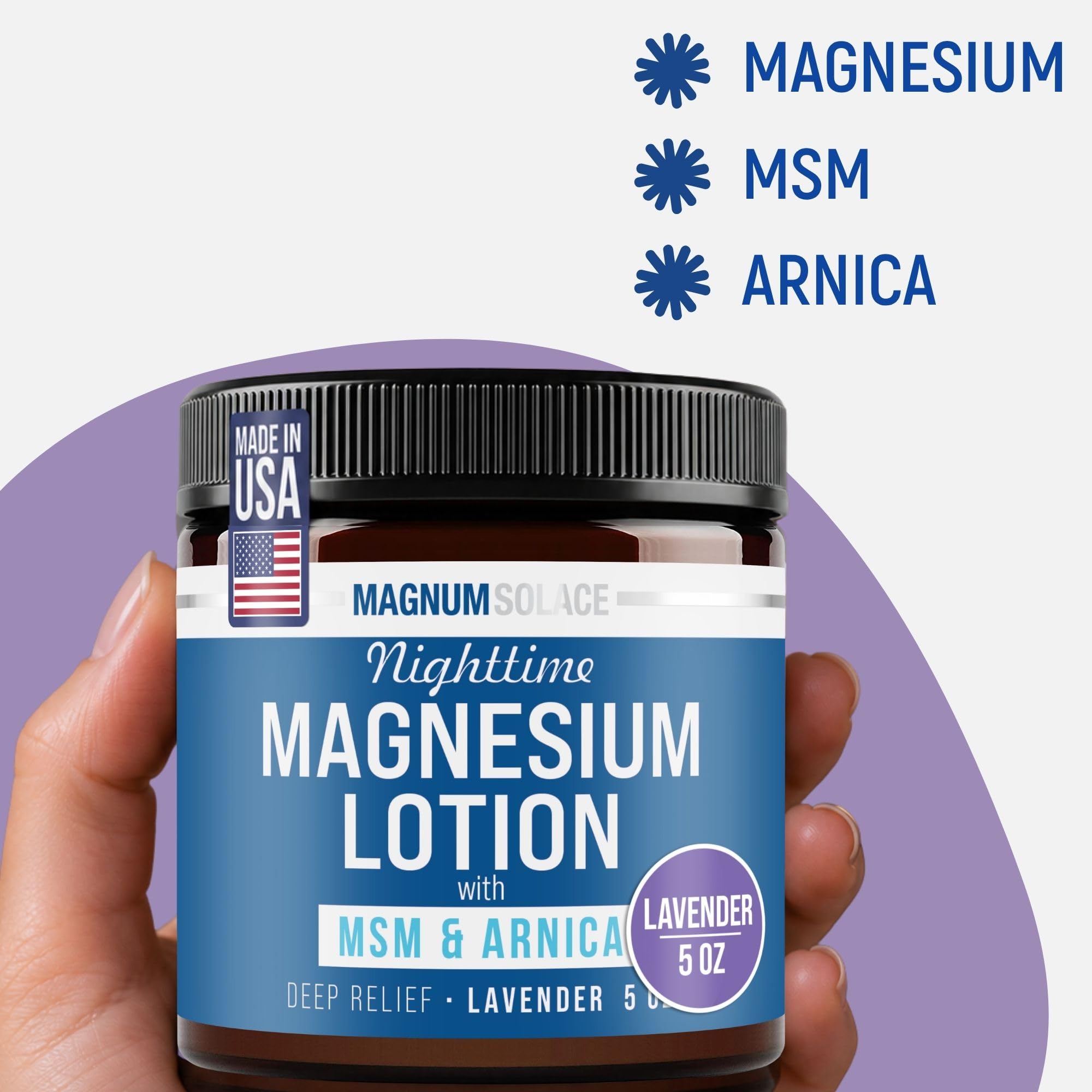 Magnum Solace Nighttime Magnesium Lotion with MSM & Arnica – Highly Concentrated Magnesium for Muscles & Joints – Apply to Legs or Feet Before Bed – Skin-Friendly