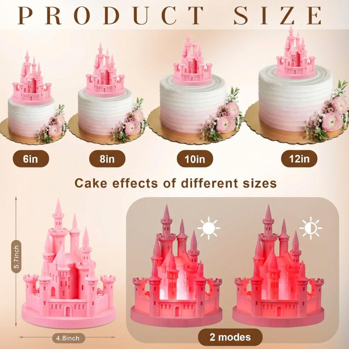 4 8 3D Princess Castle Cake Topper with Nightlight Pink - Baquler Official Imagery - 3