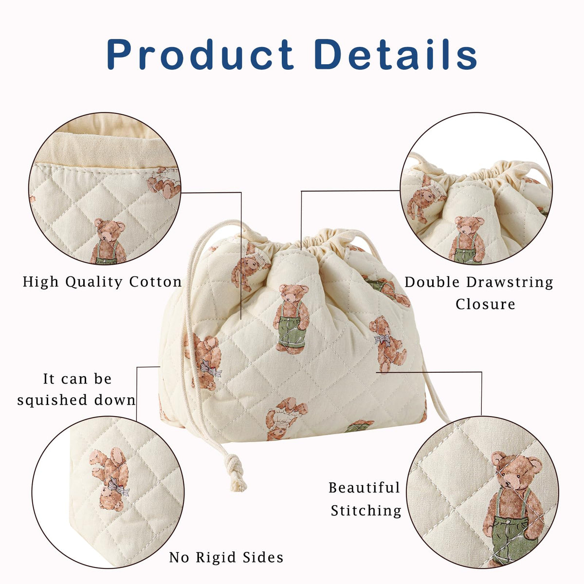 3pcs Large Cotton Quilted Makeup Bag Set Coquette Aesthetic - uekeboag Official Imagery - 7