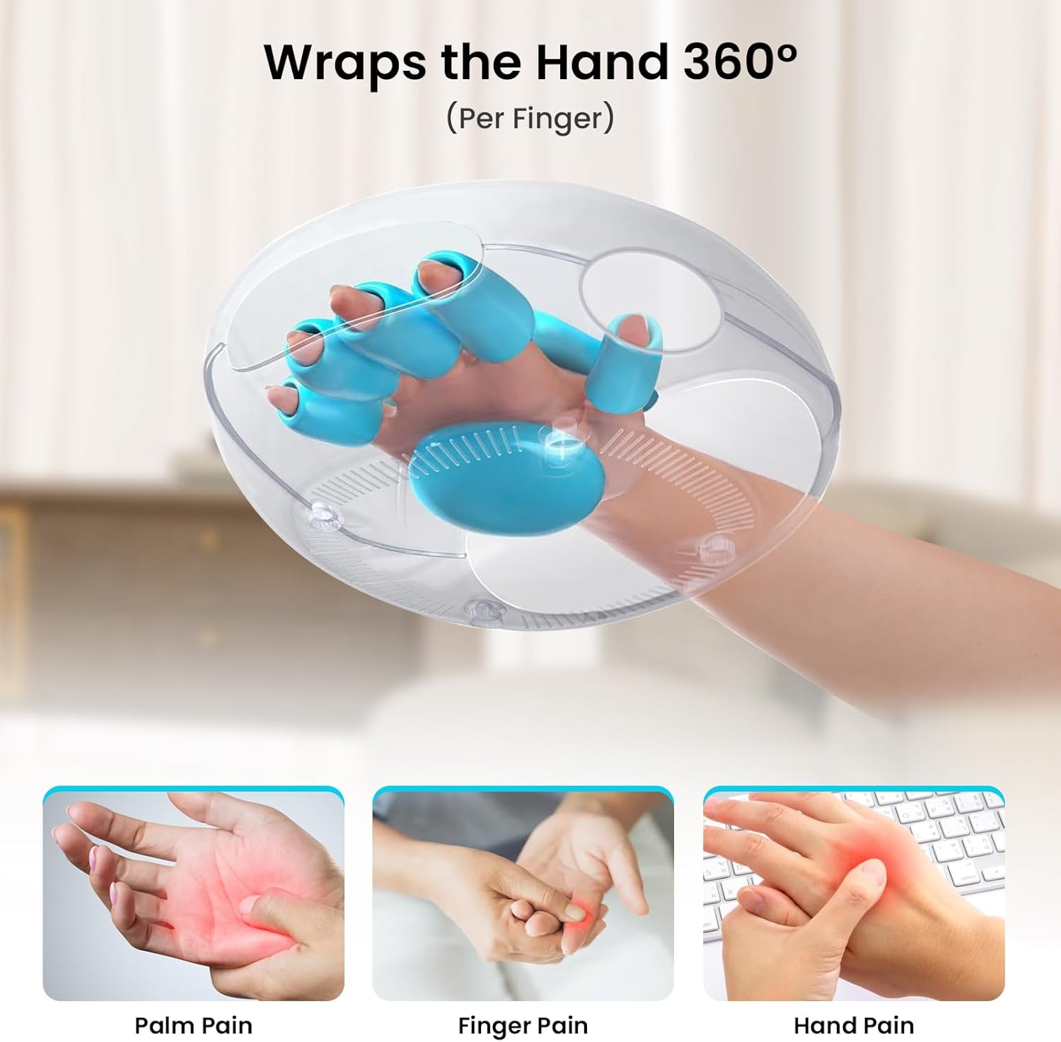 NOWWISH hand massager with heat and compression for arthritis relief, shown on a person's hand with adjustable straps and control buttons.