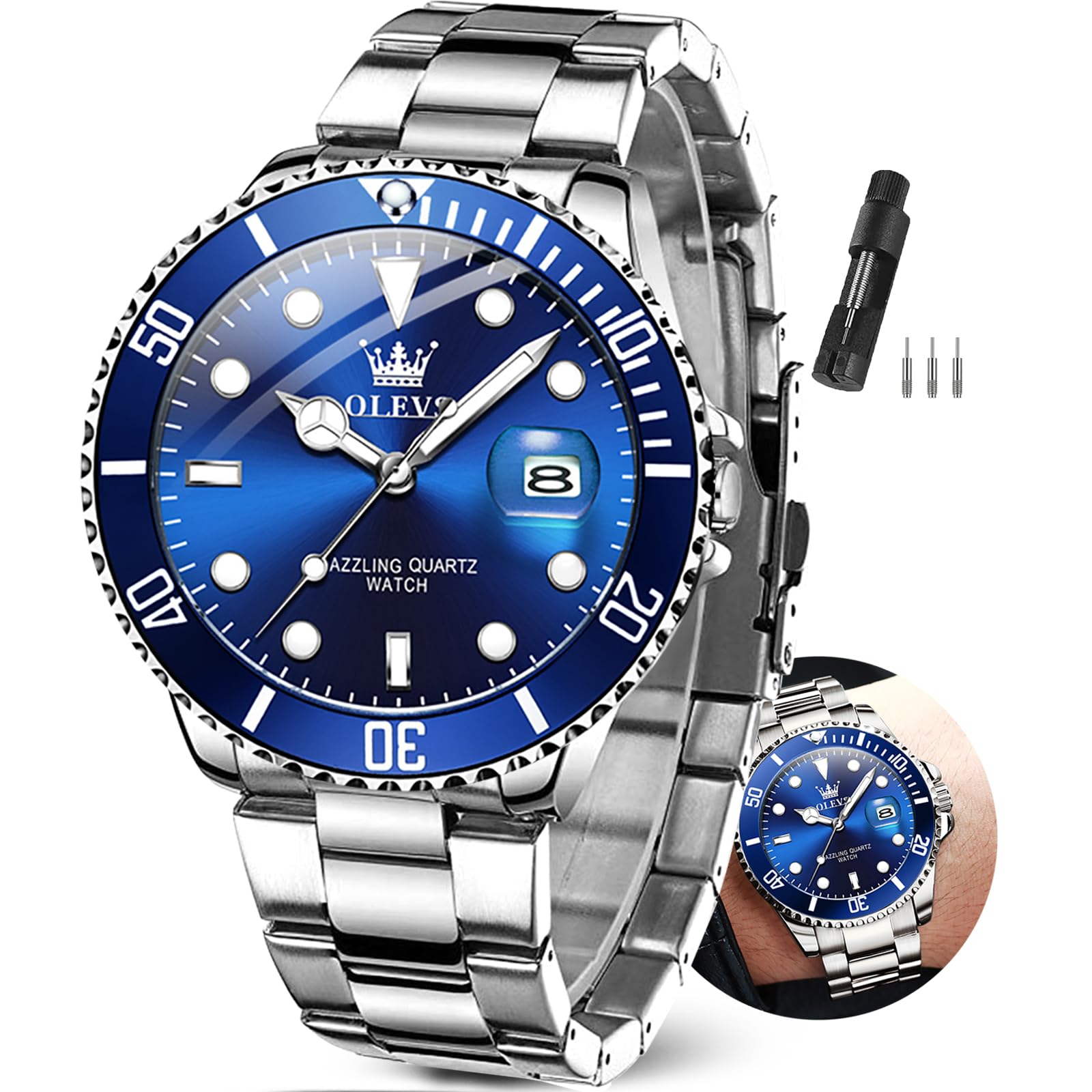 OLEVS Men's Silver & Blue Ocean Dial Dress Watch Quartz Date