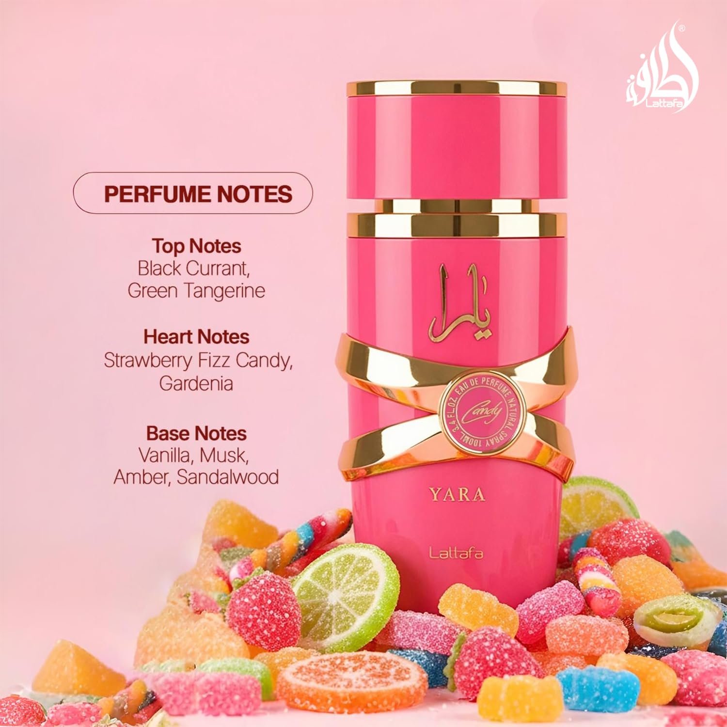 Lattafa Yara Candy Eau de Parfum for Women, 2.4 fl oz bottle with elegant packaging and floral fragrance design.