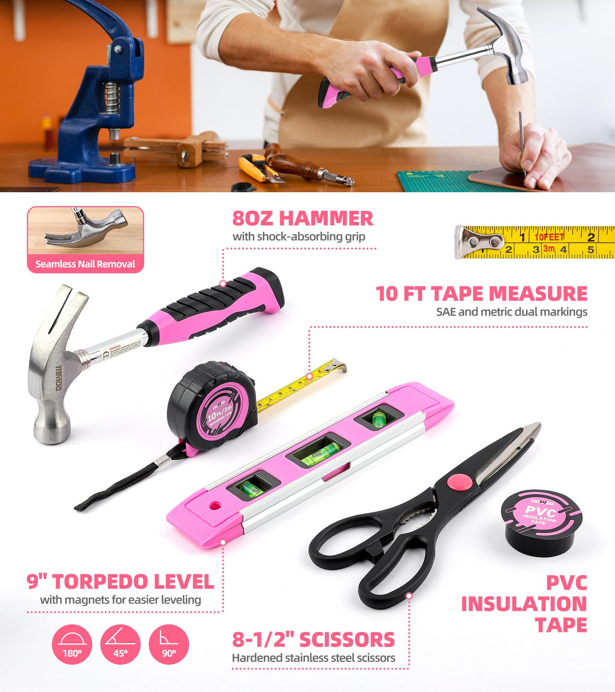 DOWELL Pink Tool Set with 3 6V Cordless Screwdriver Tool Kit - DOWELL Official Imagery - 7
