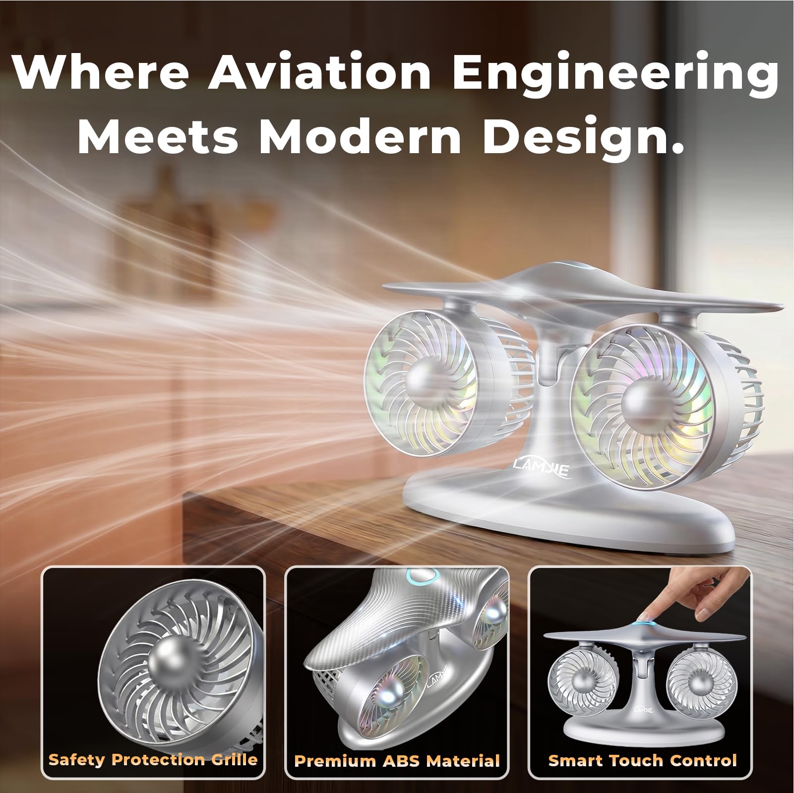 LAMJIE Jet Engine Desk Fan for Office, Rechargeable Table Fan Gif by LAMJIE - Angle View 8