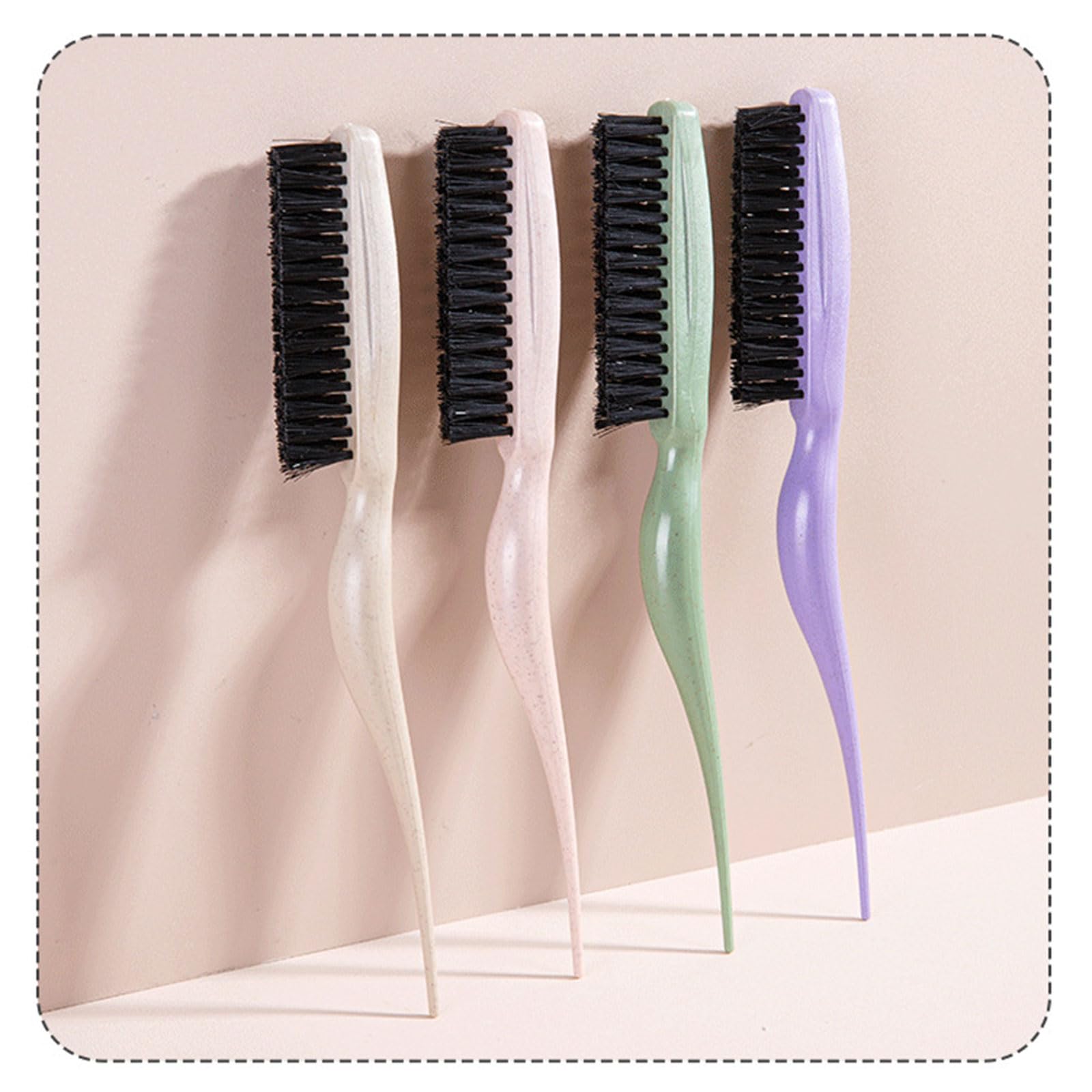 YUGSHNKFC teasing hair brush with green nylon bristles and a tail handle for styling and detangling hair.