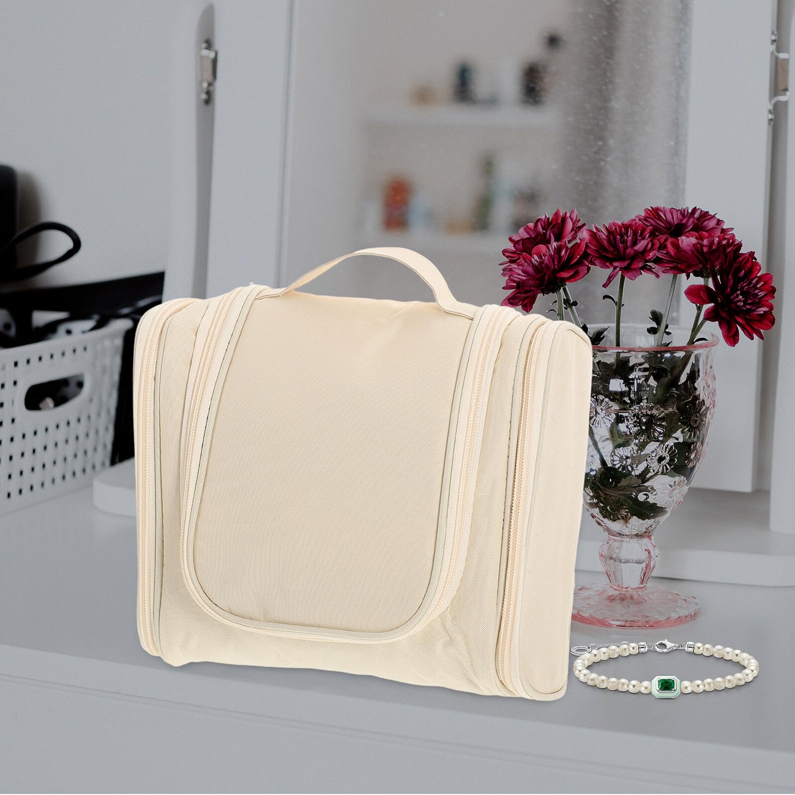 PartyKindom Large Capacity Waterproof Toiletry Cosmetics Travel Bag Portable Makeup Organizer with Handle Beige for Women Bathroom Storage and Skincare Accessories