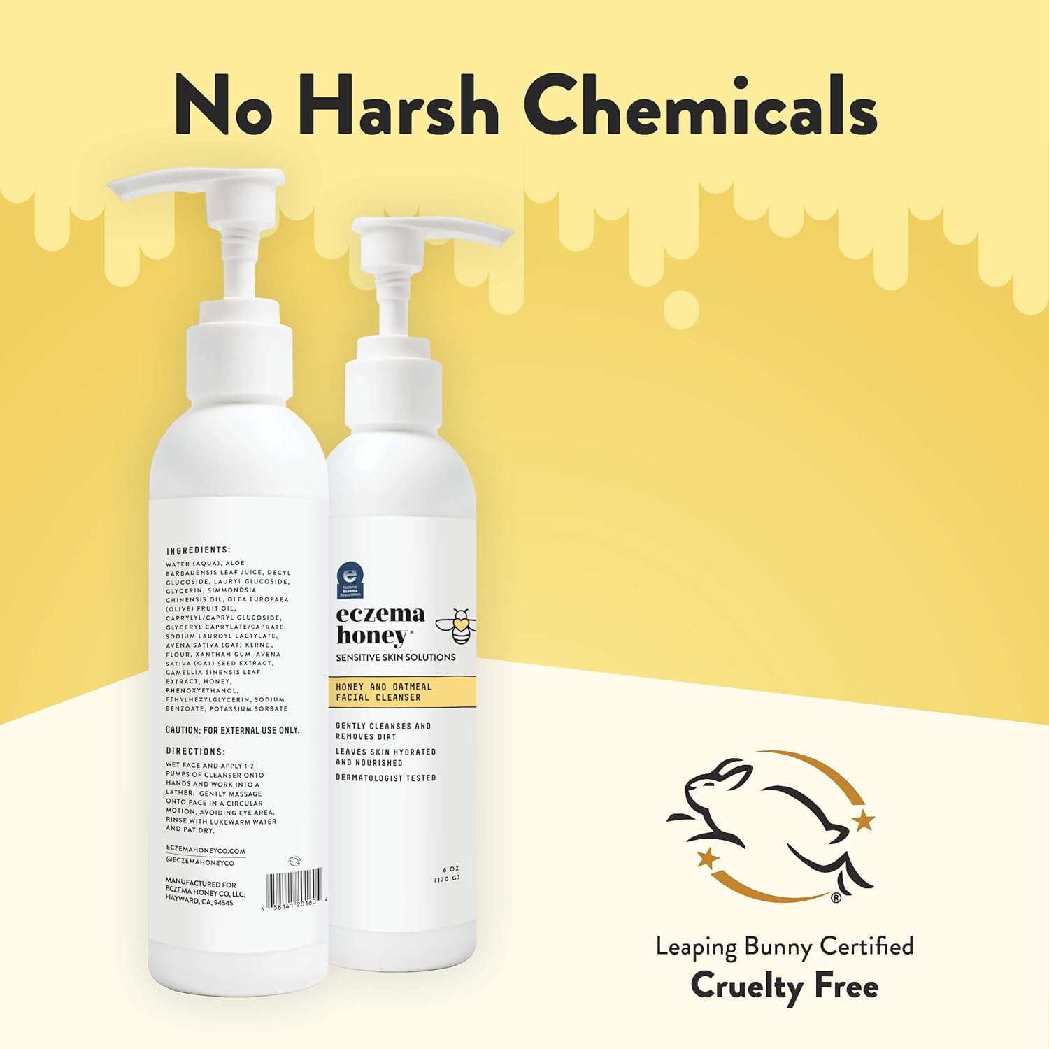 ECZEMA HONEY oatmeal facial cleanser for eczema, natural face wash in a pump bottle with creamy texture and soothing ingredients.
