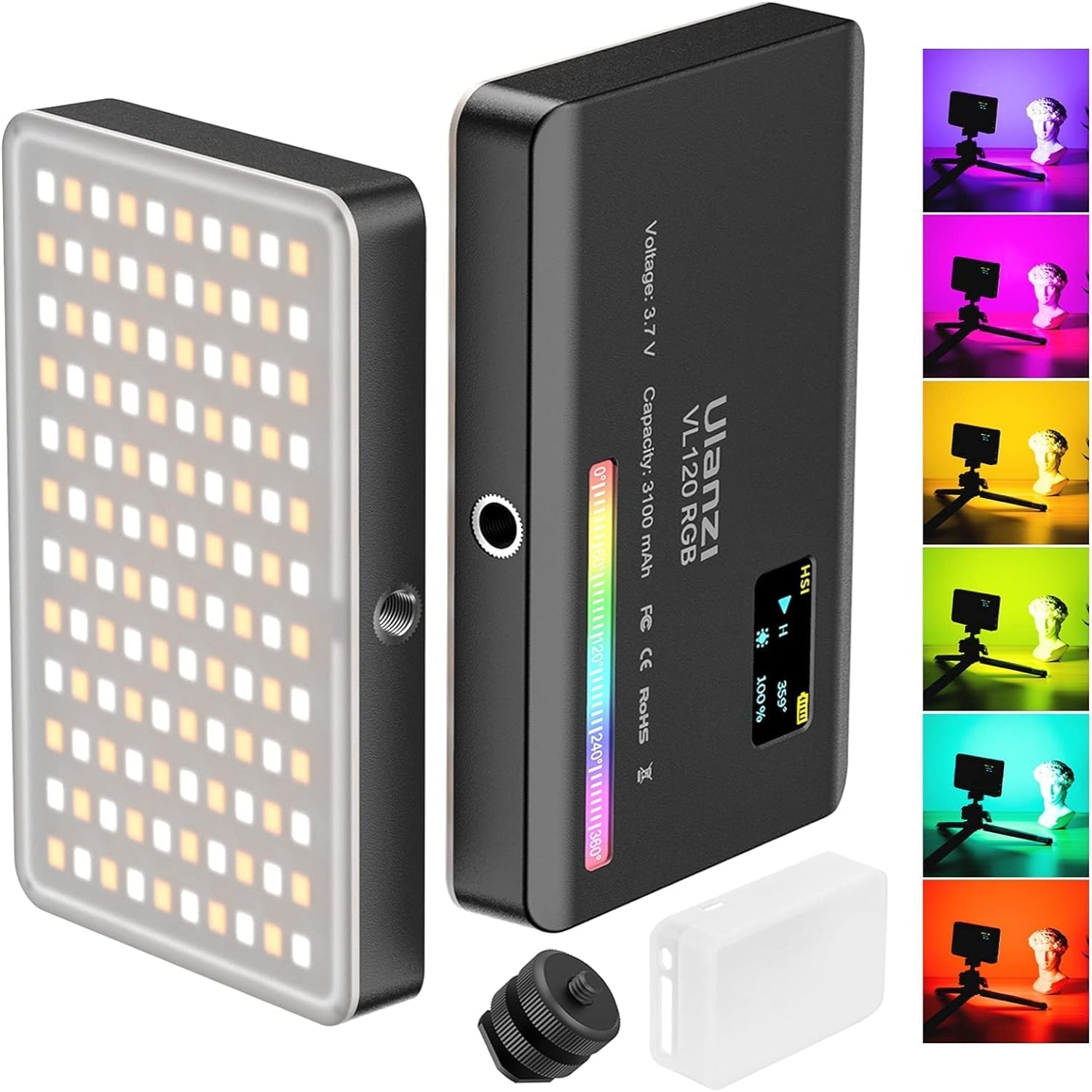 ULANZI VL120 RGB video light with built-in 3100mAh battery, pocket-sized LED on-camera light showing adjustable color settings.