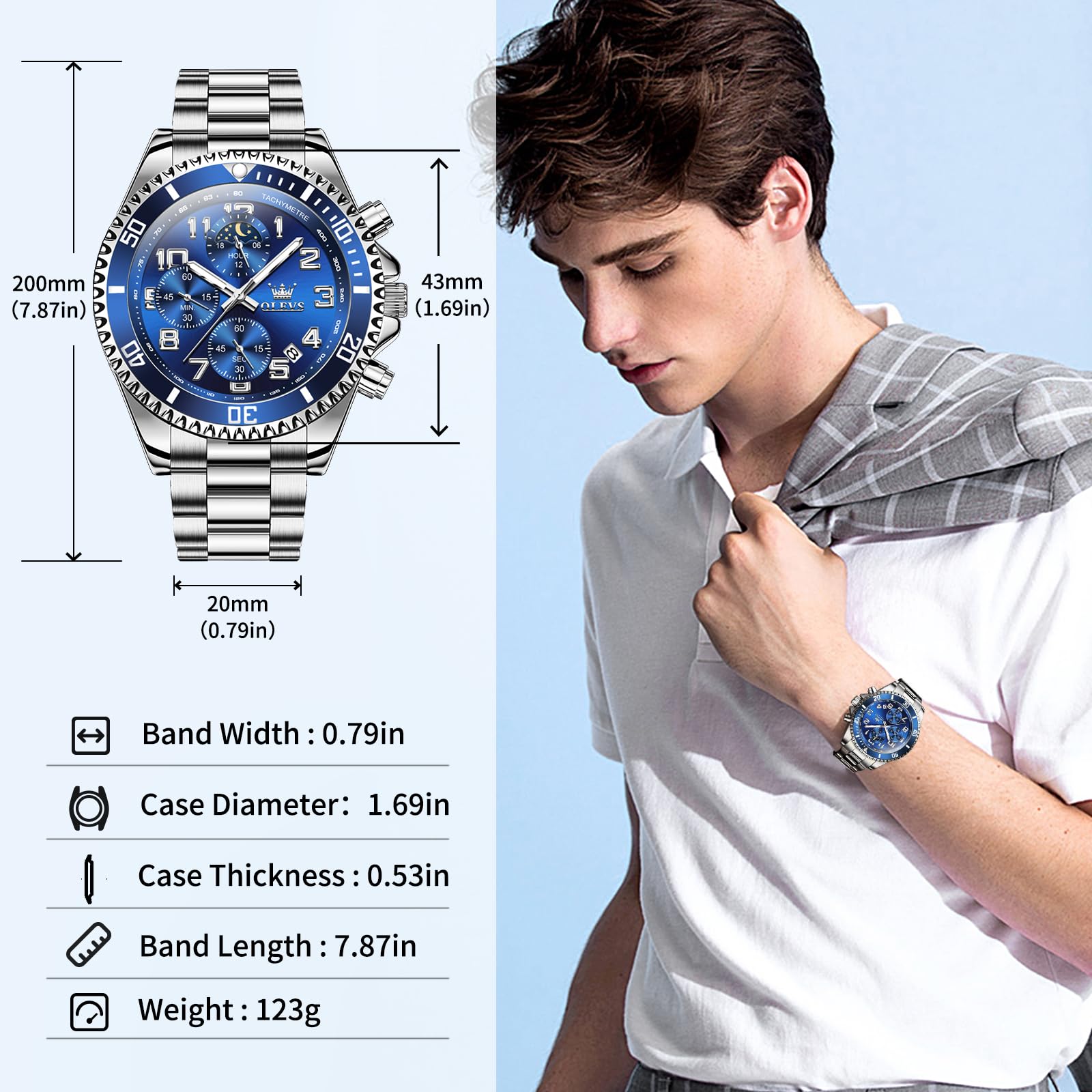 OLEVS Men's Silver & Blue Chronograph Dress Watch 43mm Quartz