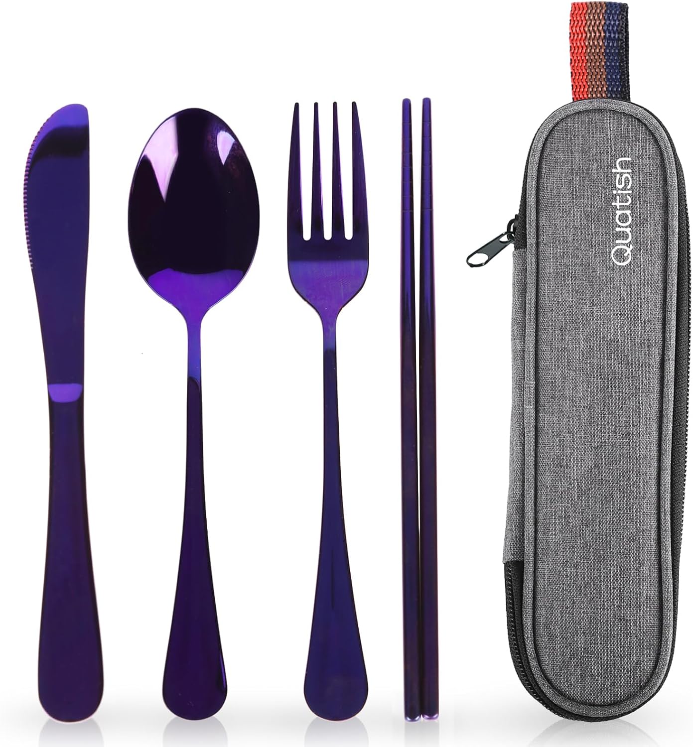 Quatish stainless steel travel utensils set with case, portable silverware for work and on-the-go dining.