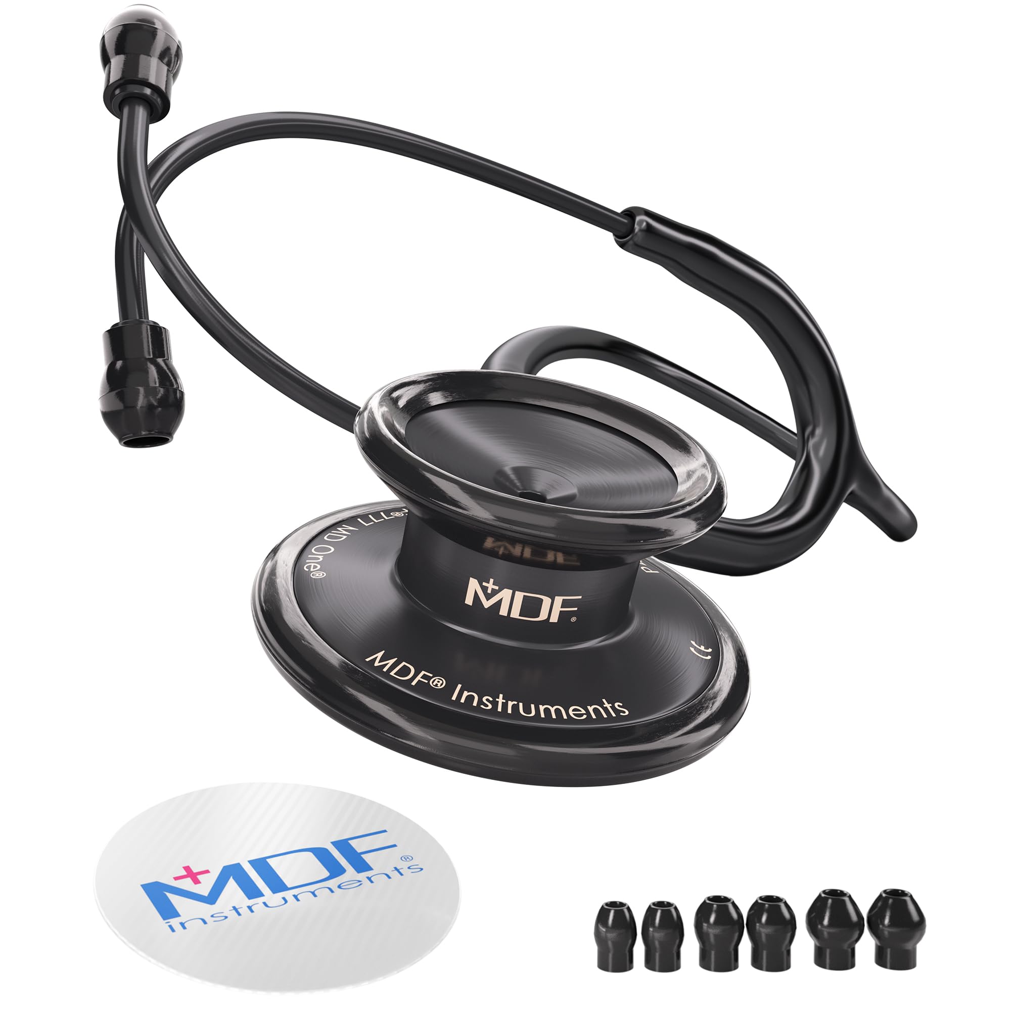 MDF Instruments MD One Premium Stainless Steel Dual Head Stethoscope, Adult, Black Tube, Black Chestpieces-Headset, MDF777BO