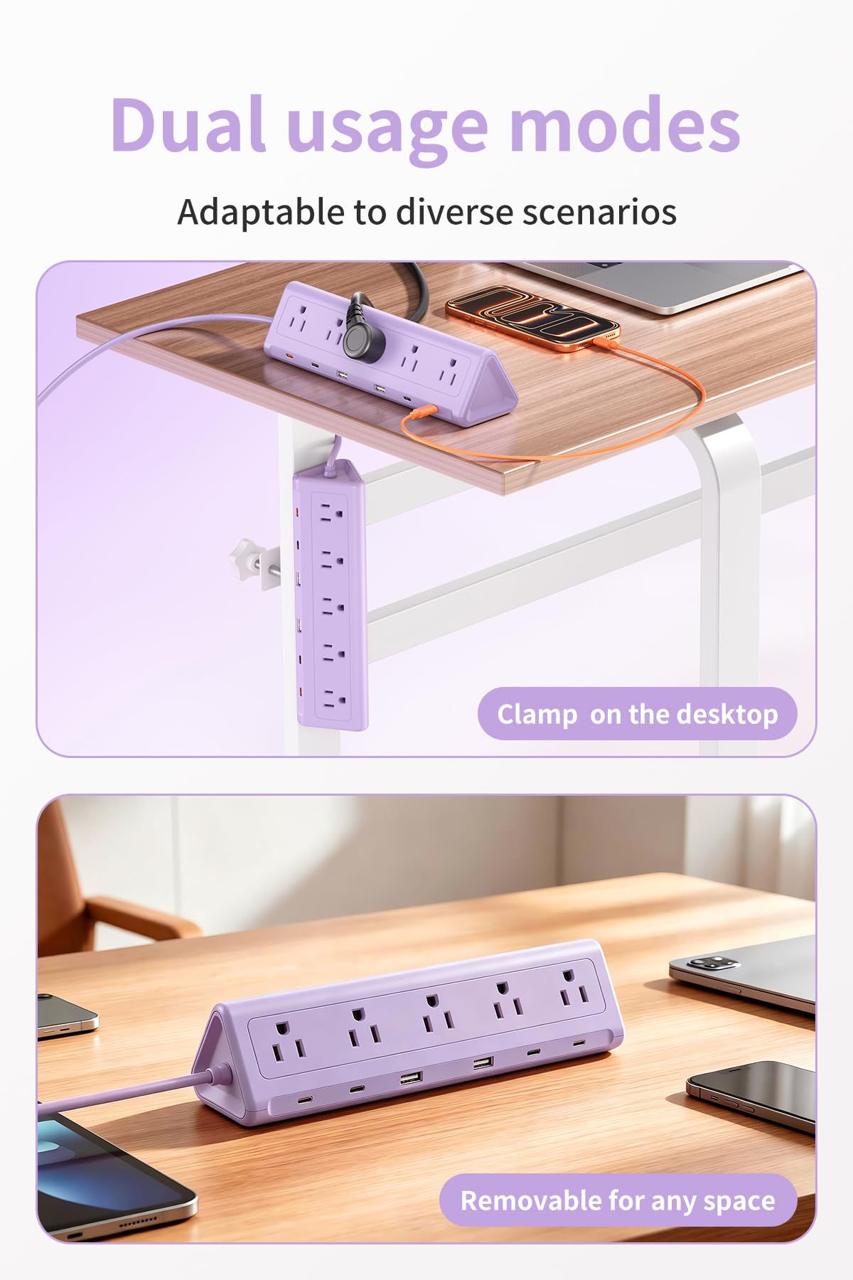 SMALLRT Purple Desk Clamp Power Strip with 6 5 FT Extension - SMALLRT Official Imagery - 7