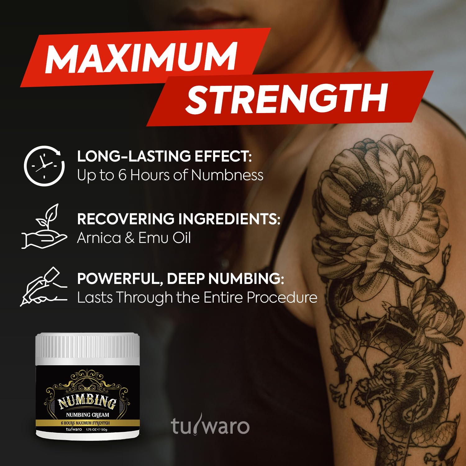 tuiwaro Numbing Cream: Fast-Absorbing with Emu Oil and Arnica — Non-Greasy 50 mL
