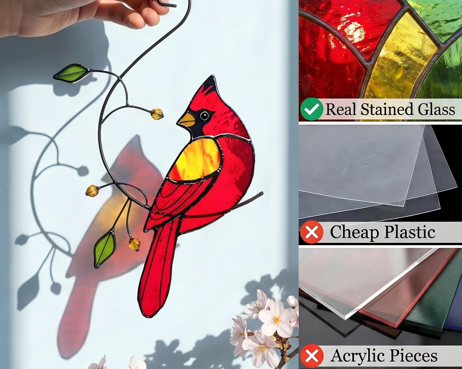 Handmade Cardinal Stained Glass Sun Catcher window hanging with vibrant red bird design, decorative memorial gift by IriCrist.