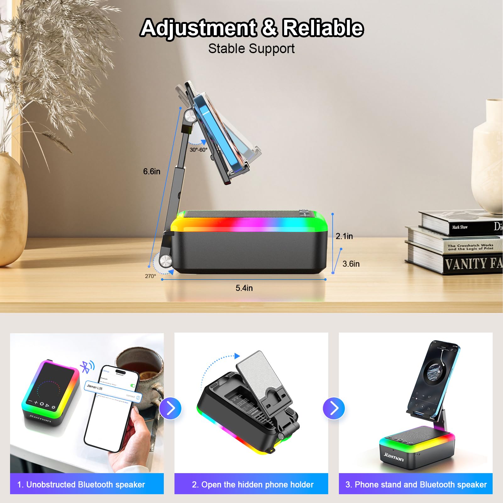 JTEMAN Gifts for Men Women, Cell Phone Stand with Bluetooth Speaker and Light, P - JTEMAN Official Product View 4