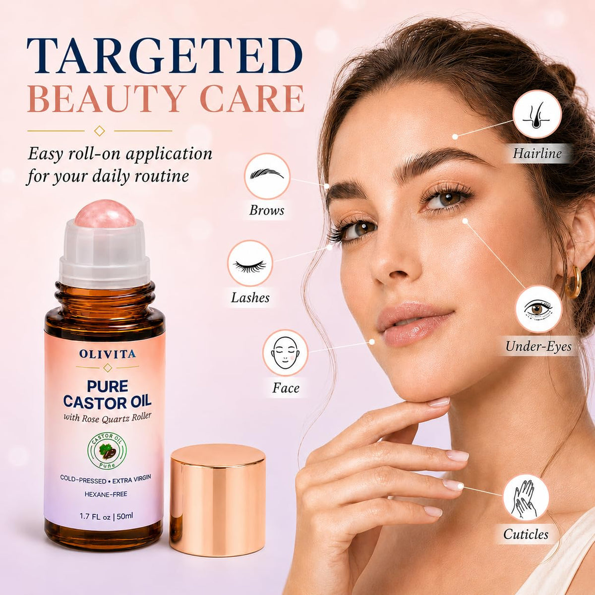 OLIVITA Castor Oil Rose Quartz Roller Ball for Face Brows - OLIVITA Official Imagery - 5