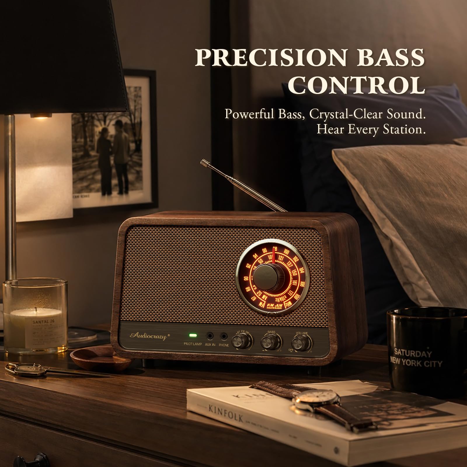 Audiocrazy Vintage Wood AM FM Bluetooth Radio, 10W Espresso