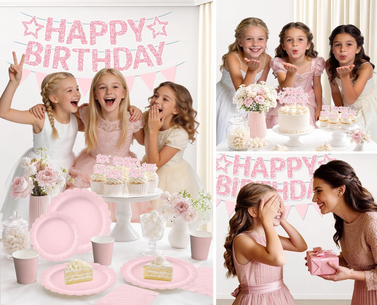 196Pcs Pink Birthday Party Decorations Tableware Set Serves - Yingoto Official Imagery - 8