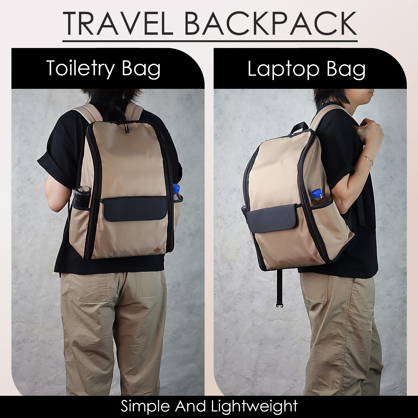 Autumn Sence khaki travel laptop backpack with large hanging toiletry organizer, water-repellent hygiene bag, and multiple compartments.