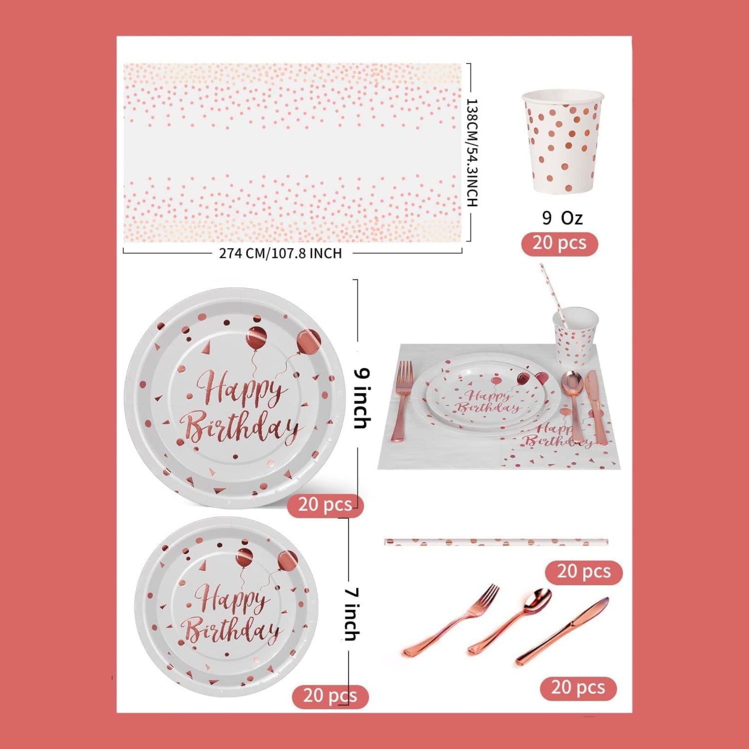 Nkaiso birthday party tableware set with 161 rose gold paper plates, cups, napkins, and utensils arranged for celebration.