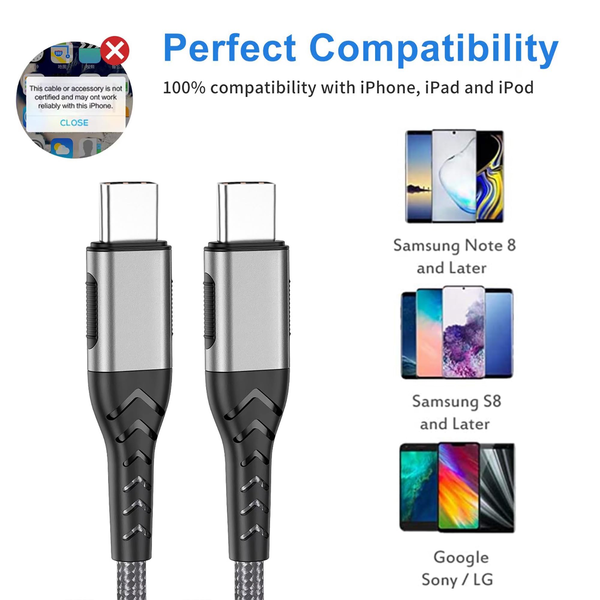 Durcord 2-pack 10ft USB C charging cables, silver, for fast 100W charging of Android, iPhone 15/16/17, and tablets.