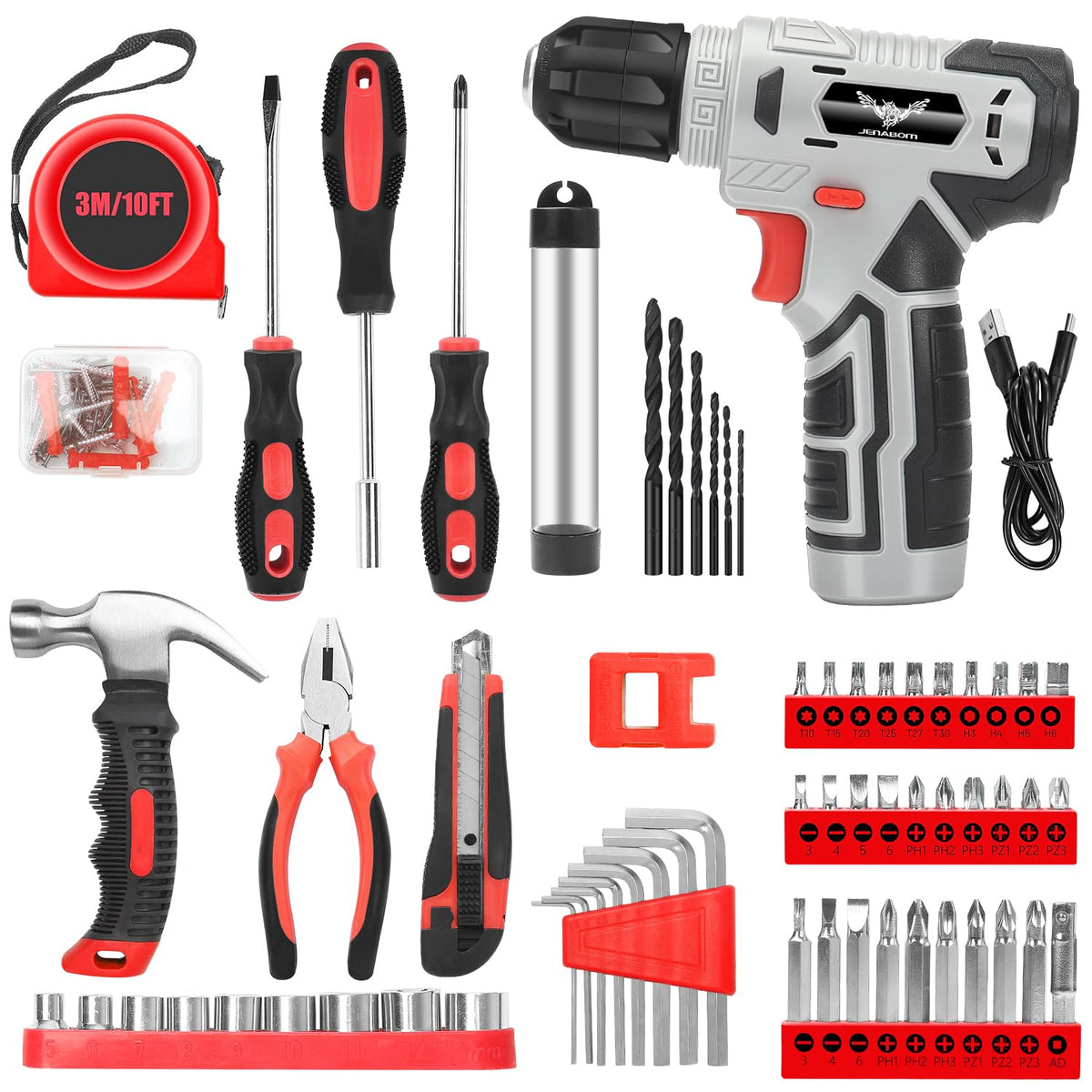 Tool Set 146 Piece Home Tool Kit with 8V Cordless Drill - JENABOM Official Imagery - 4