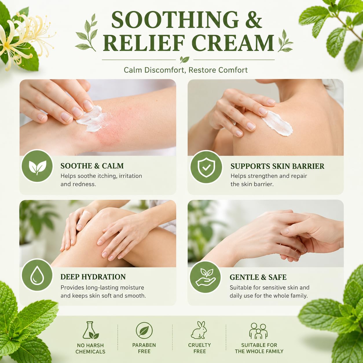 LFuTPm Smoothing Relief Cream with honeysuckle, arnica, and MSM in a 1oz jar, designed to hydrate and soothe skin.