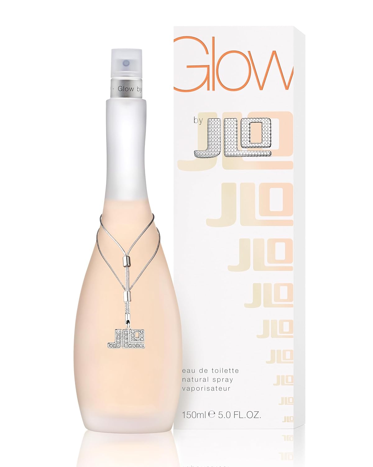Jennifer Lopez Glow women’s 5 oz EDT spray bottle with elegant transparent design and silver cap.