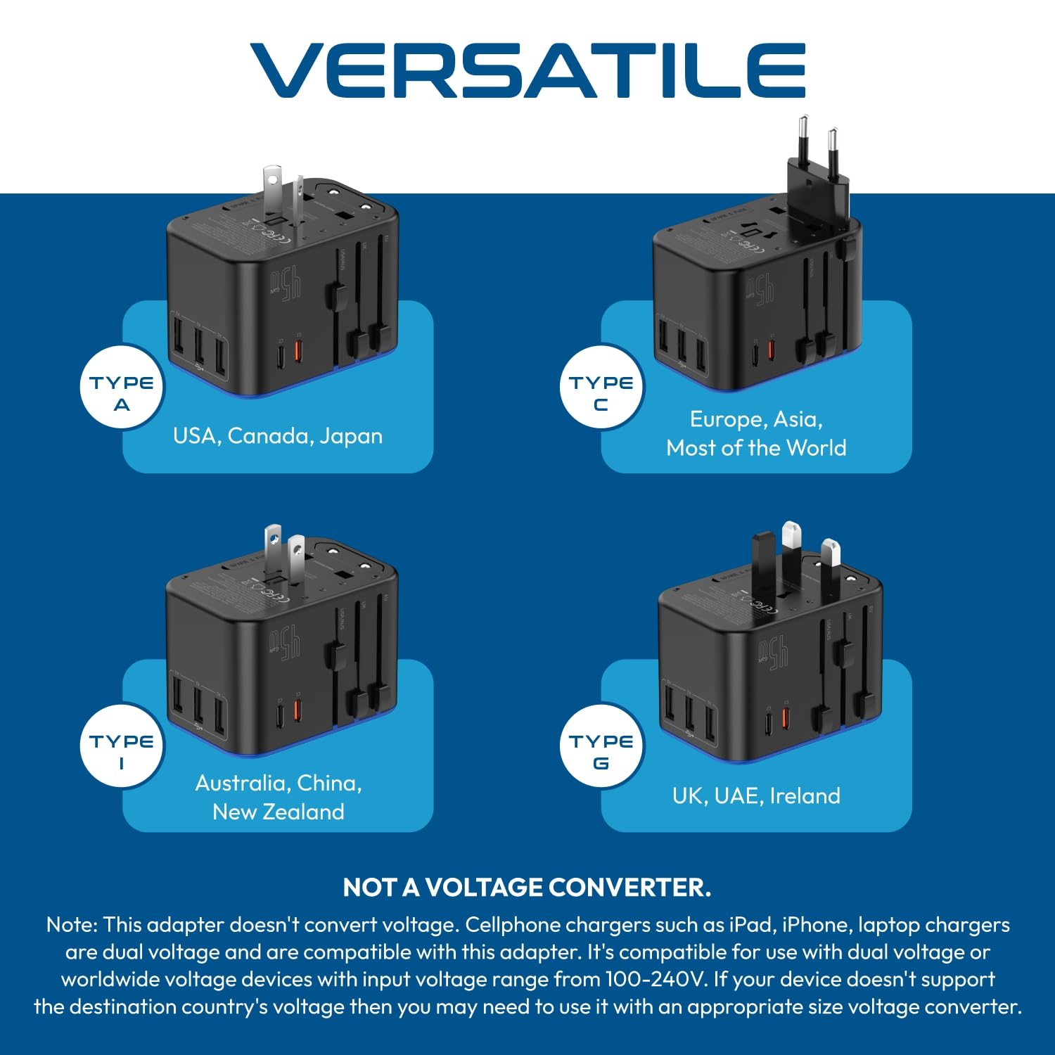 Ceptics 45W Universal Travel Adapter w/ 3 USB-A, 2 USB-C & Univer by Ceptics - Angle View 8