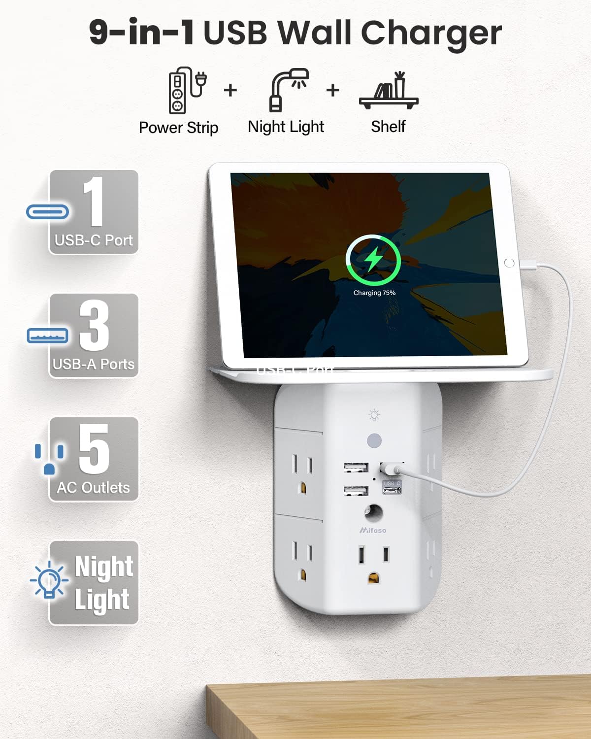Mifaso Outlet Extender with Shelf and Night Light, 1800J Surge Pr - Mifaso Official Product View 2