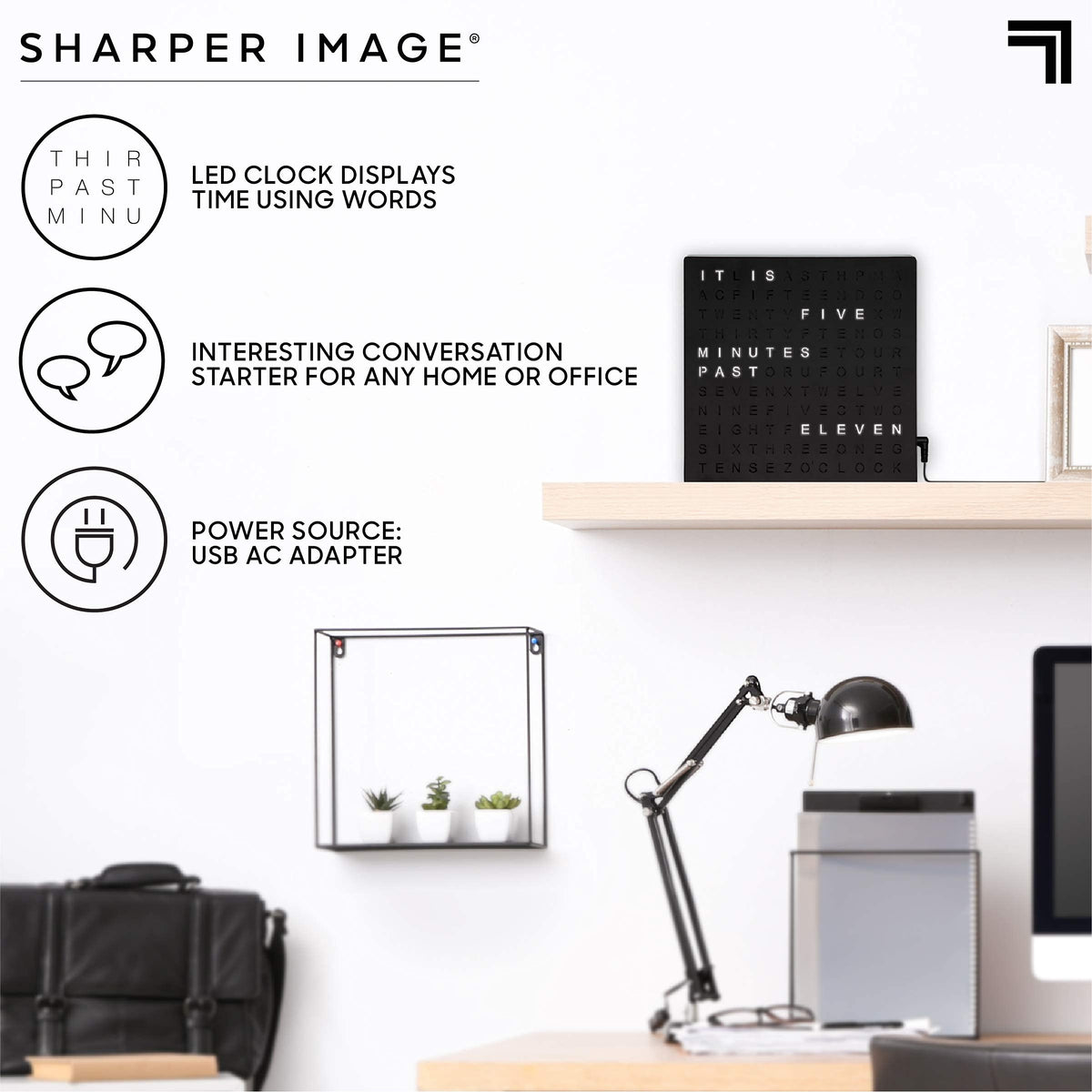 Sharper Image LED Word Digital Clock 7 75 Black Finish Light - Sharper Image Official Imagery - 5