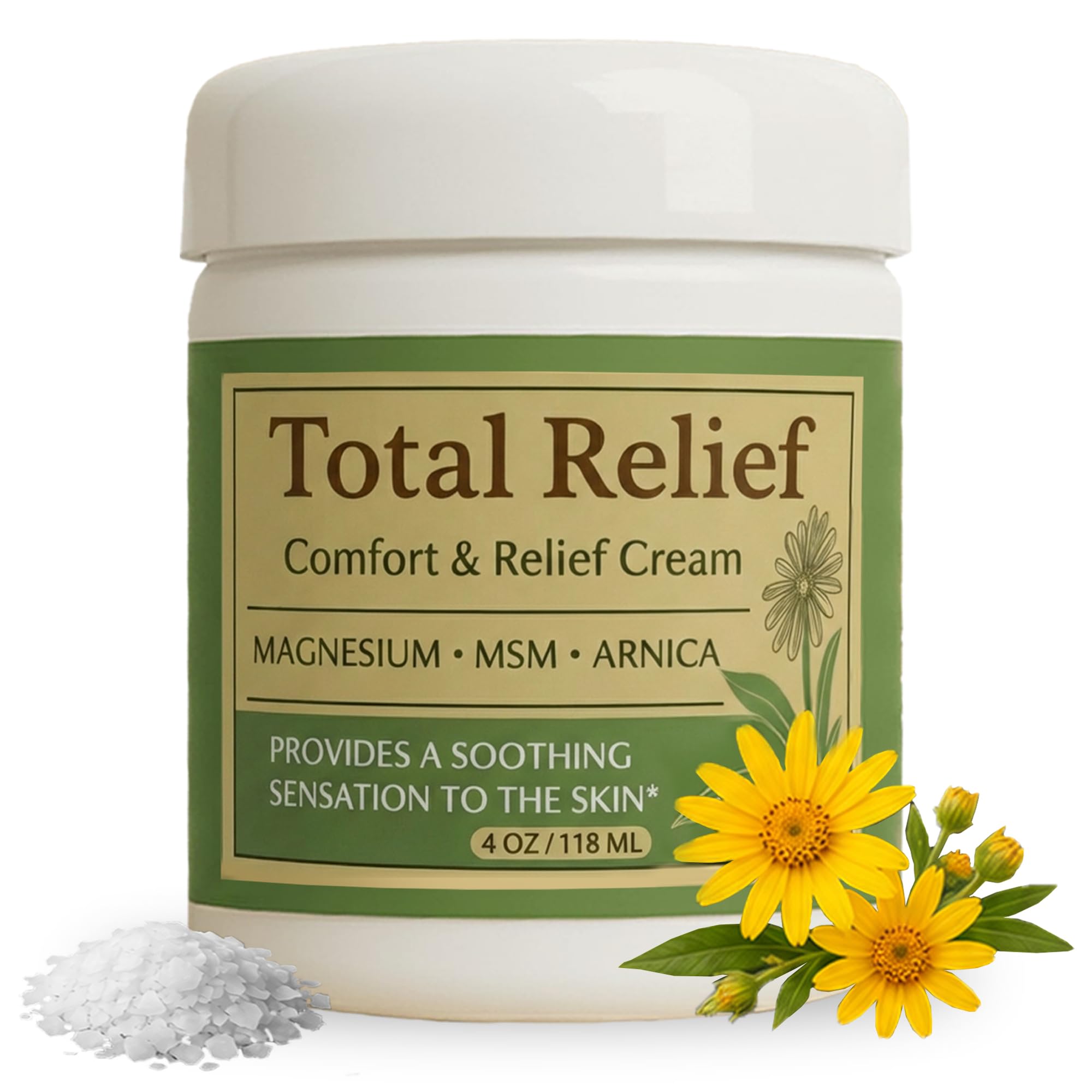 HiRelief magnesium cream for muscles, joints, and legs in a 4 oz jar, moisturizing and soothing skin.