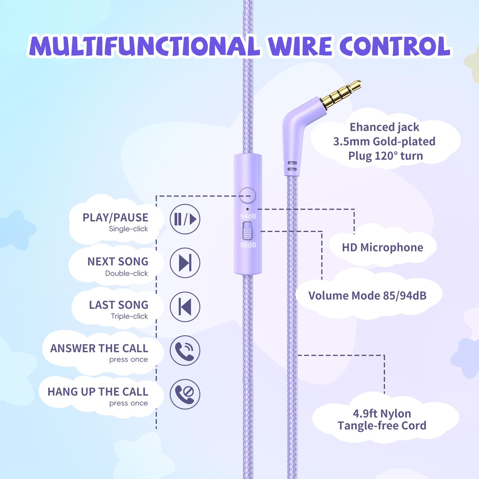 Purple wired kids headphones from Botesty Sound with 3.5mm jack, safe volume limit, and built-in microphone for school use.