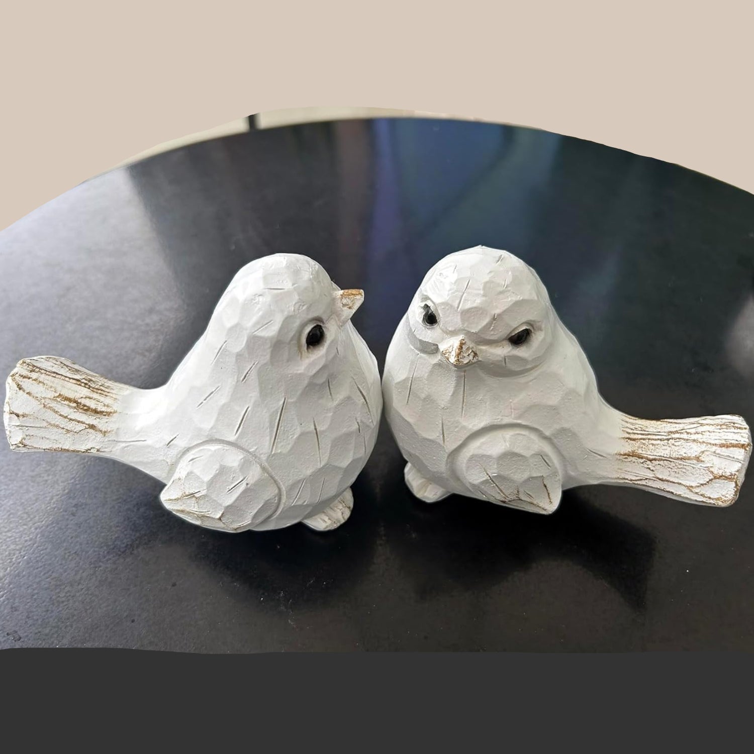 Set of 2 white bird decor sculptures by realideas, farmhouse-style bird statues for home decoration.