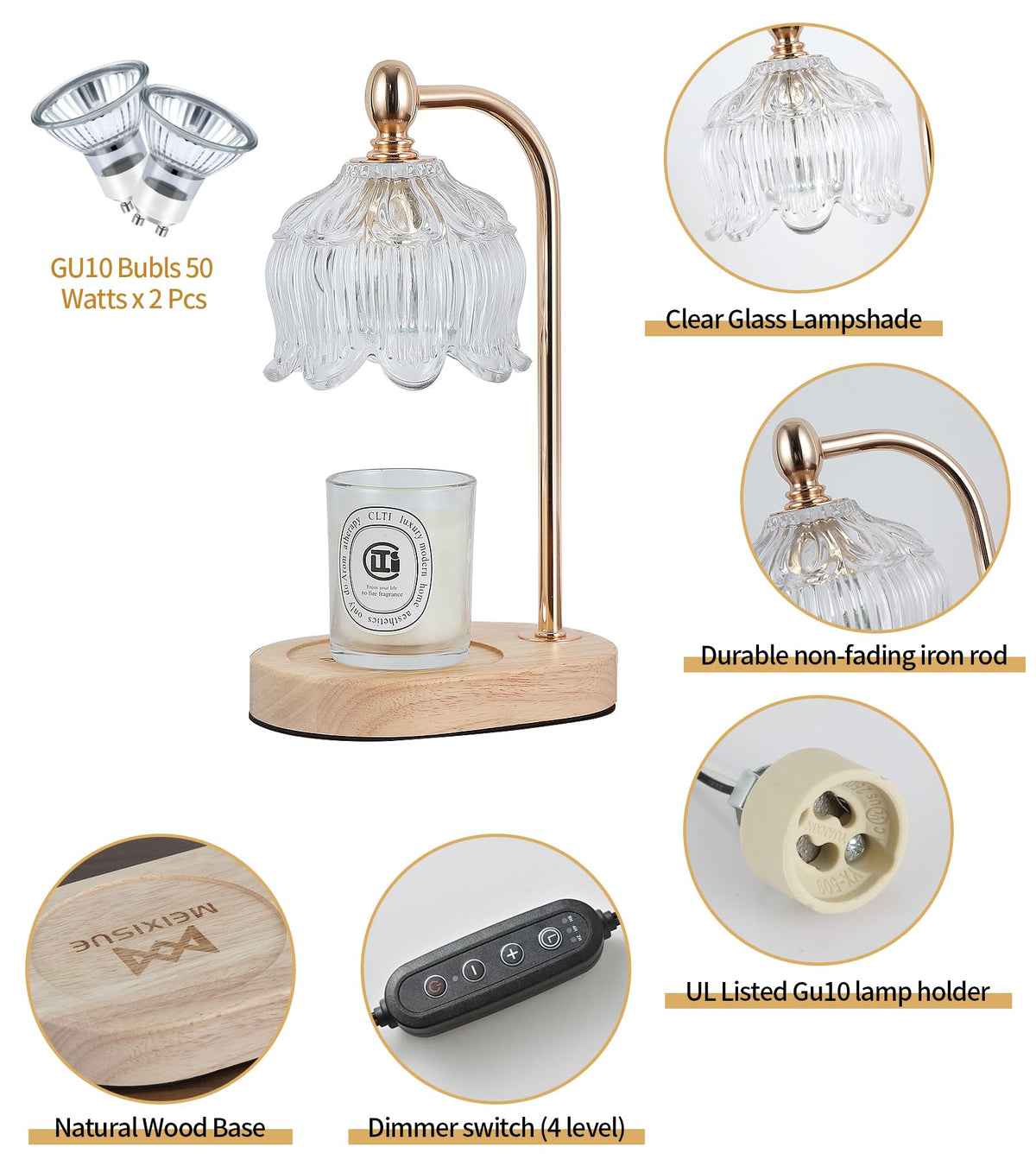 Candle Warmer Lamp with Timer and Dimmer Electric Gold Light - MEIXISUE Official Imagery - 7