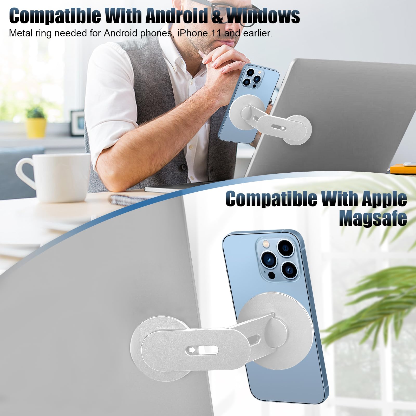 Aerbeis Updated Magnetic Laptop Phone Holder - Adjustable Continuity Camera Mount Stand Compatible with MagSafe, Slim Laptop Mount Computer Expansion Bracket for All Smartphone Silver
