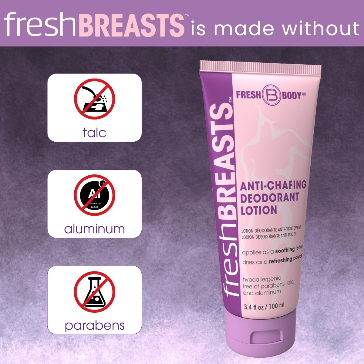 Fresh BREASTS Anti Chafing Deodorant Lotion to Powder 3 4oz - Fresh Body FB Official Imagery - 6
