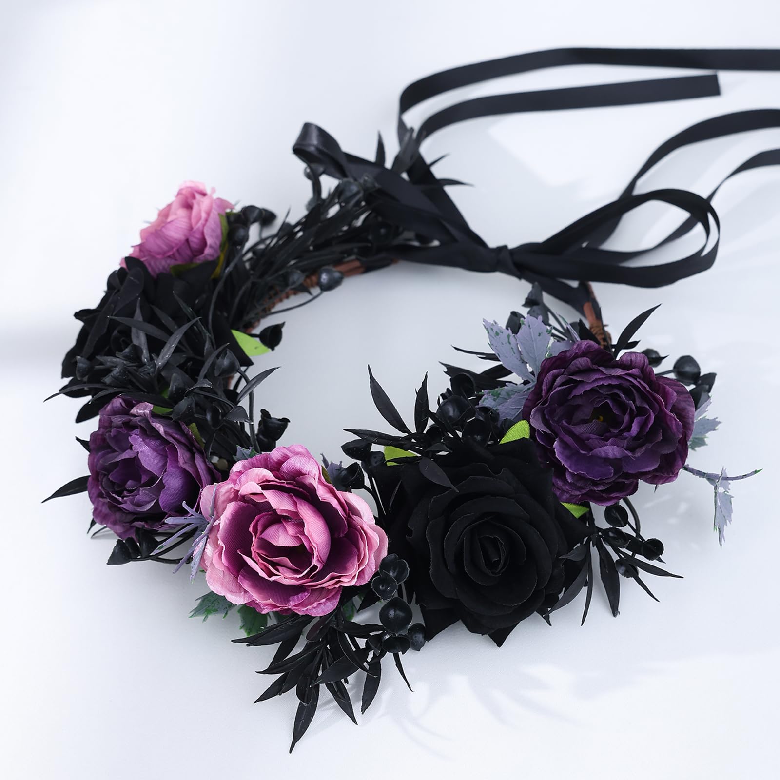 Black and purple gothic flower crown hairband with roses, dark romantic style, featuring dark floral elements by Flagogoo