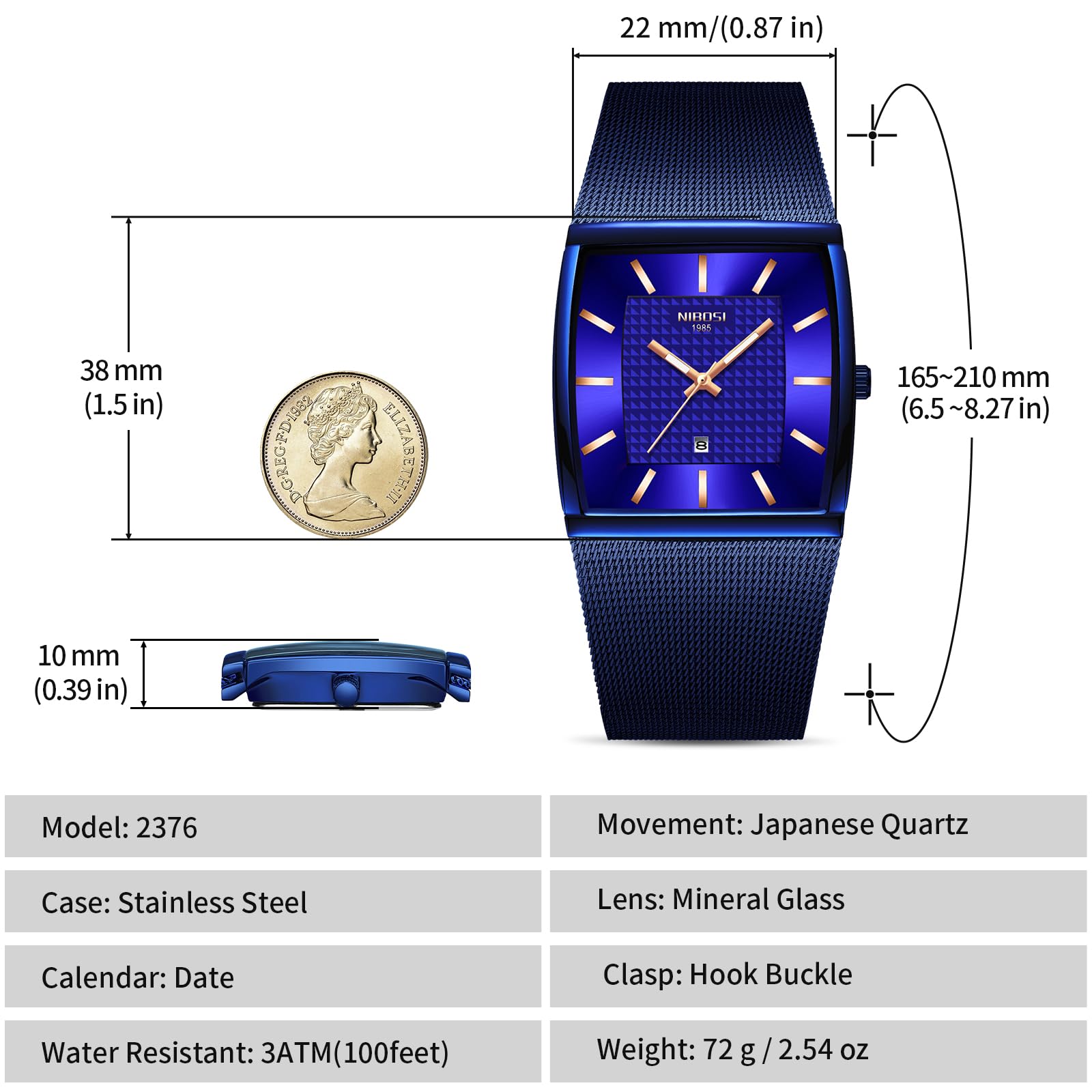 NIBOSI Men's Blue Square Dial Mesh Watch | Date Display