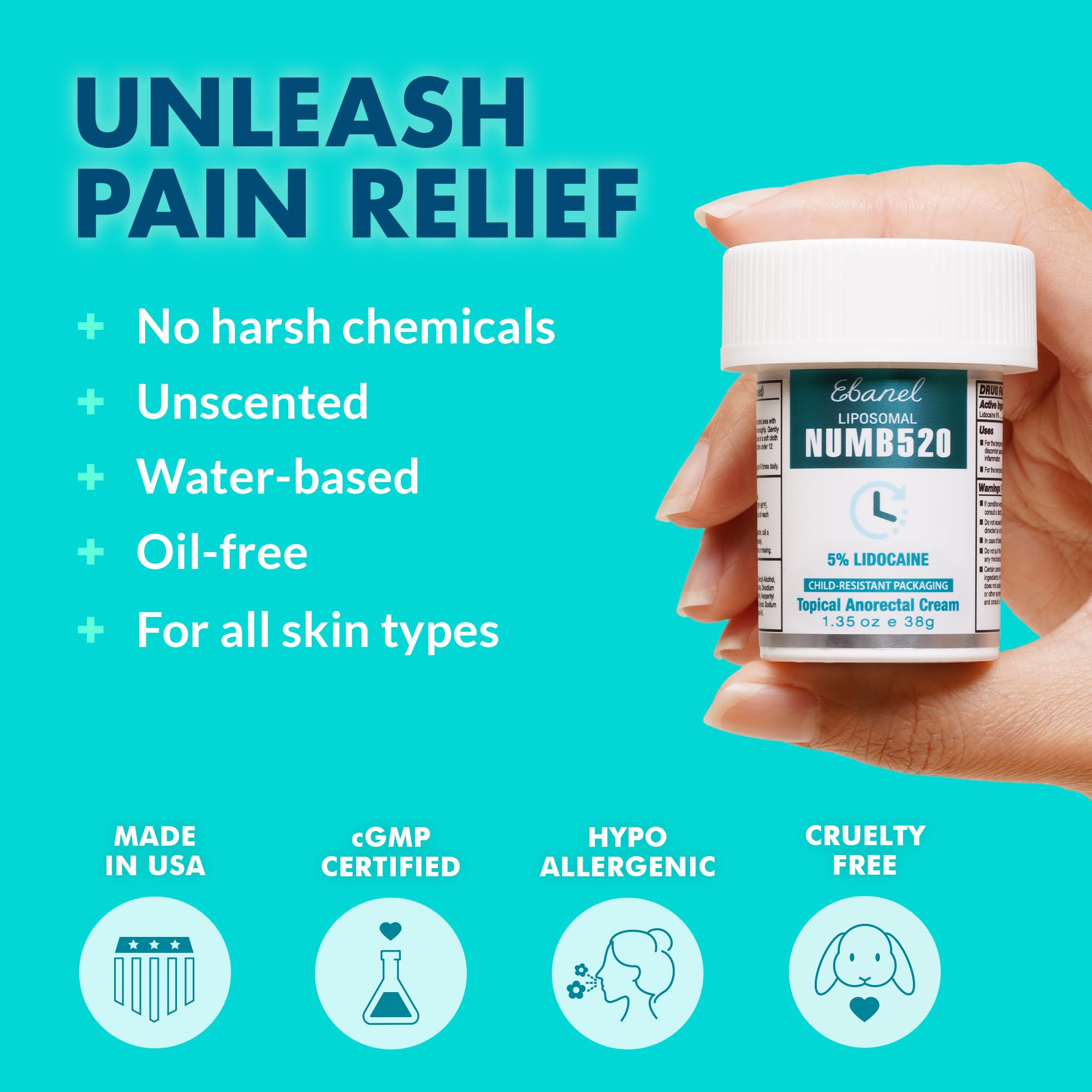 Ebanel 5% Lidocaine numbing cream for pain and itch relief, shown in a tube with a white and blue label.
