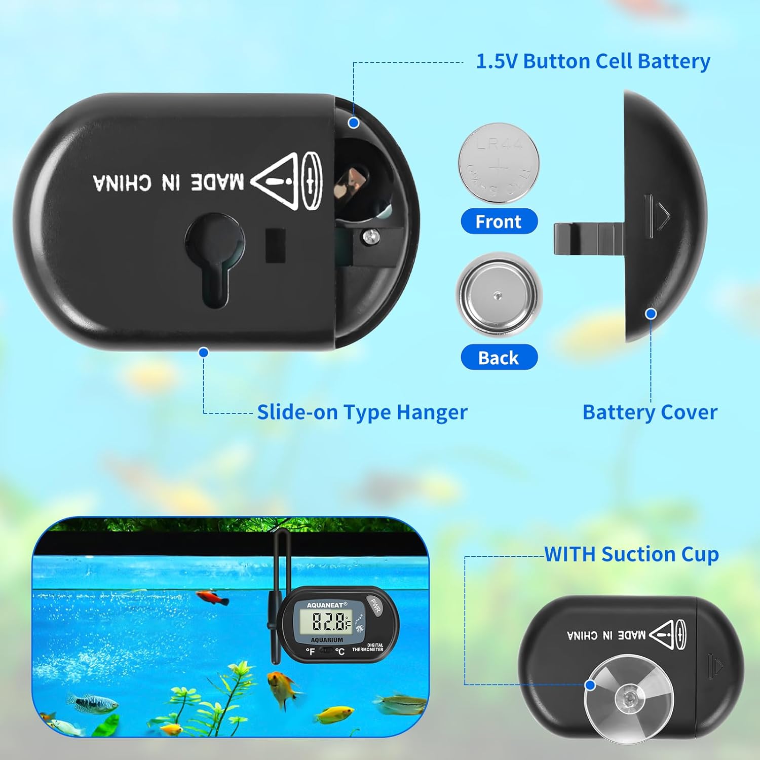AQUANEAT 2-pack aquarium thermometers showing temperature readings on clear, fish tank thermometer displays.