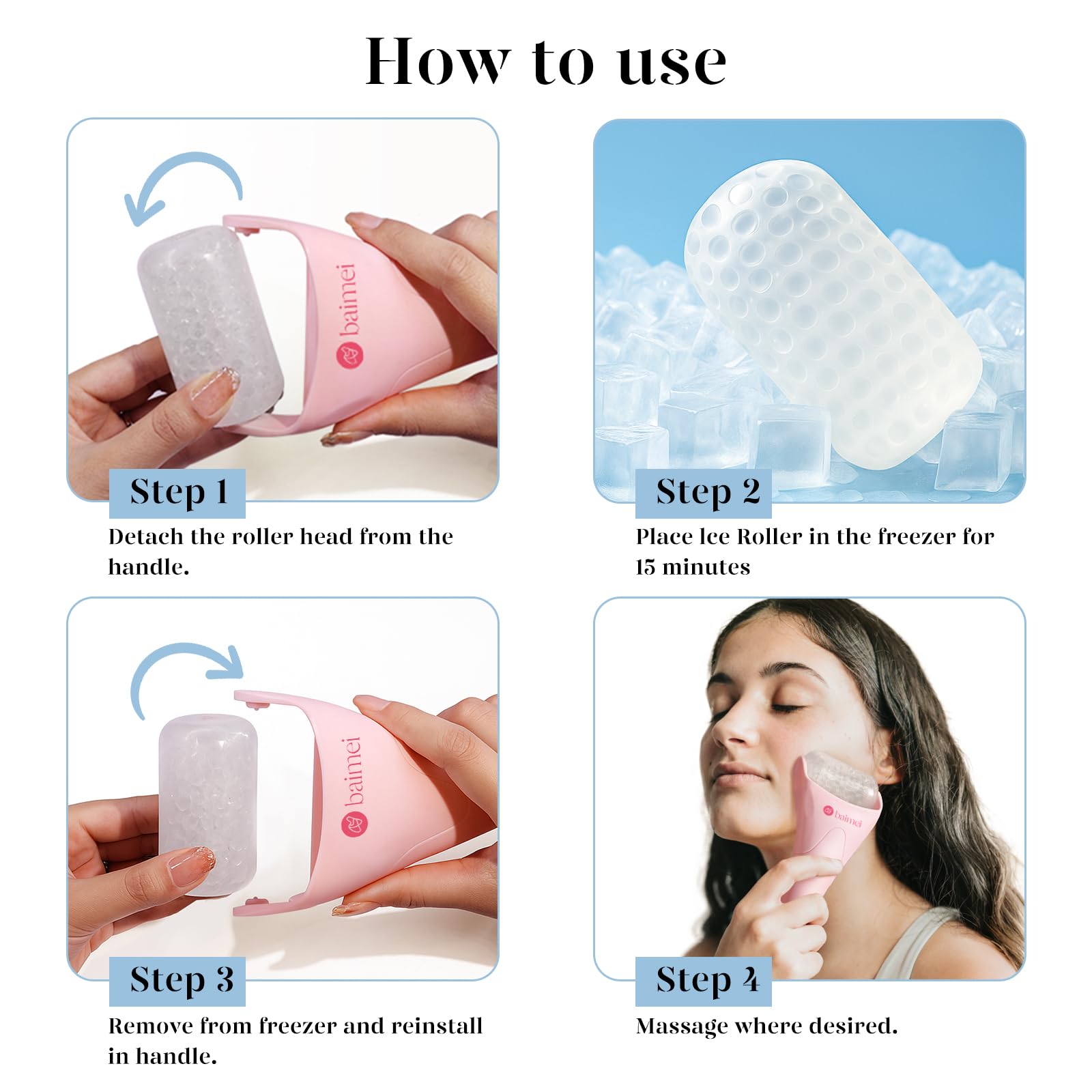BAIMEI IcyMe ice roller and Gua Sha massager for full body skincare, featuring a sleek design and ergonomic handle.