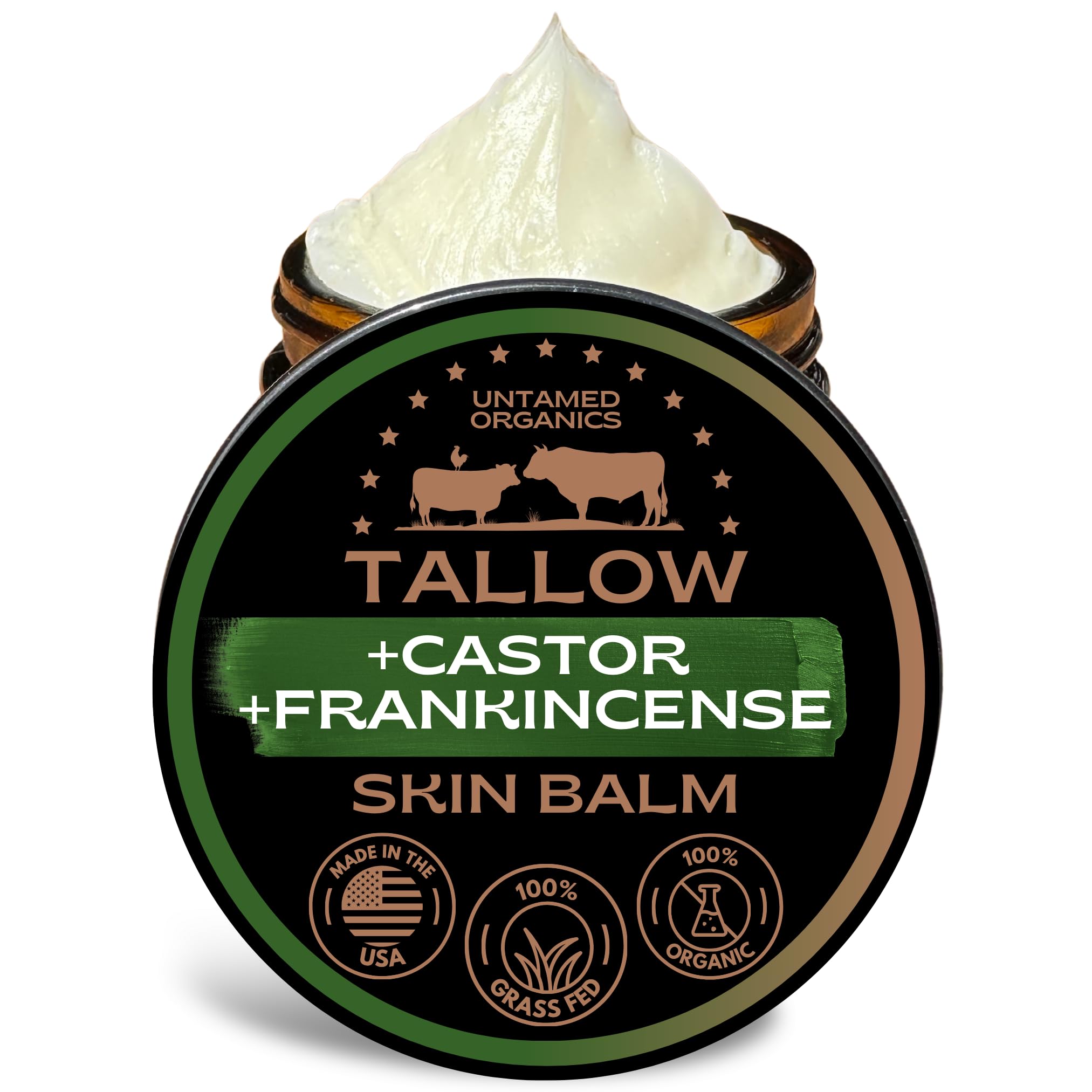Untamed Organics Beef Tallow Balm for Skin & Face with Castor Oil & Frankincense - 100% Grass-Fed Tallow Face & Body Moisturizer for Dry Sensitive Skin - 2 oz