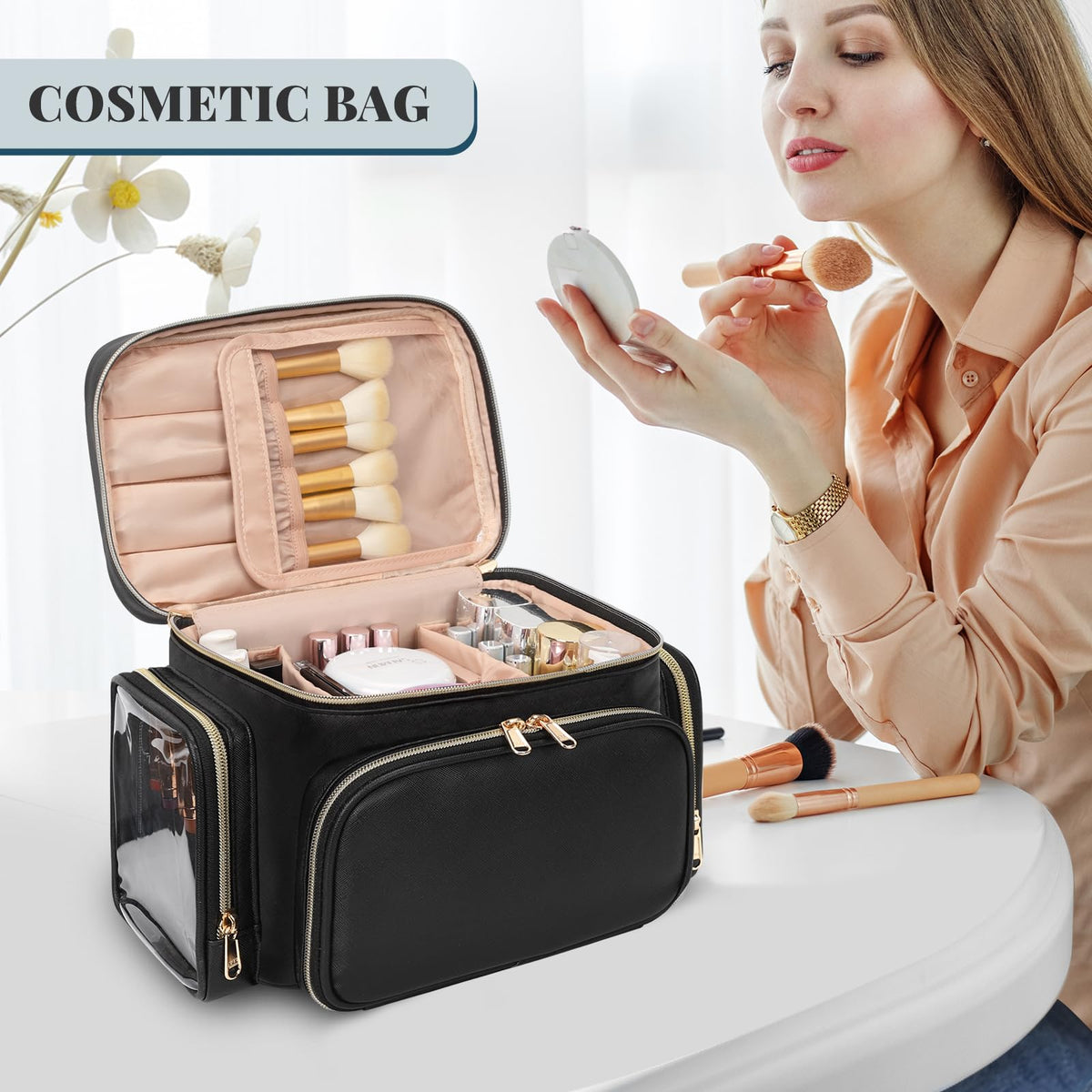 Large Makeup Bag Travel Makeup Cosmetic Bag for Girls Black - Bagmoly Official Imagery - 3