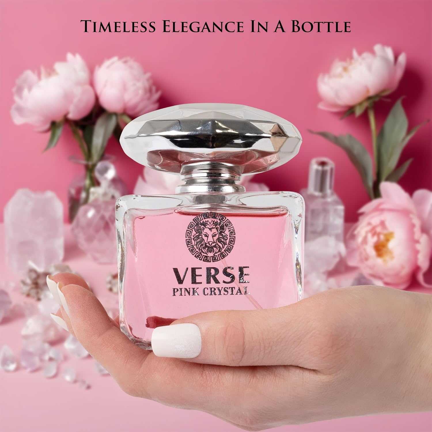 NovoGlow Verse Pink Crystal Eau De Parfum for Women with pomegranate top notes, featuring a sleek pink bottle and elegant design.