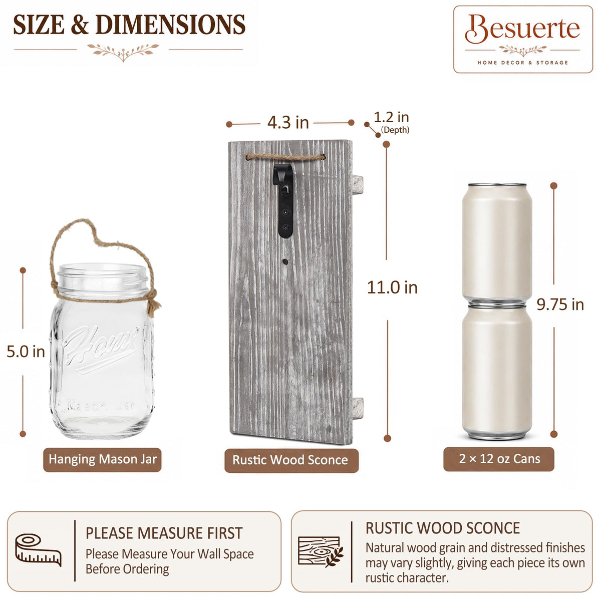 Rustic Mason Jar Sconces Wall Decor Grey Set of 2 - Besuerte Official Imagery - 4