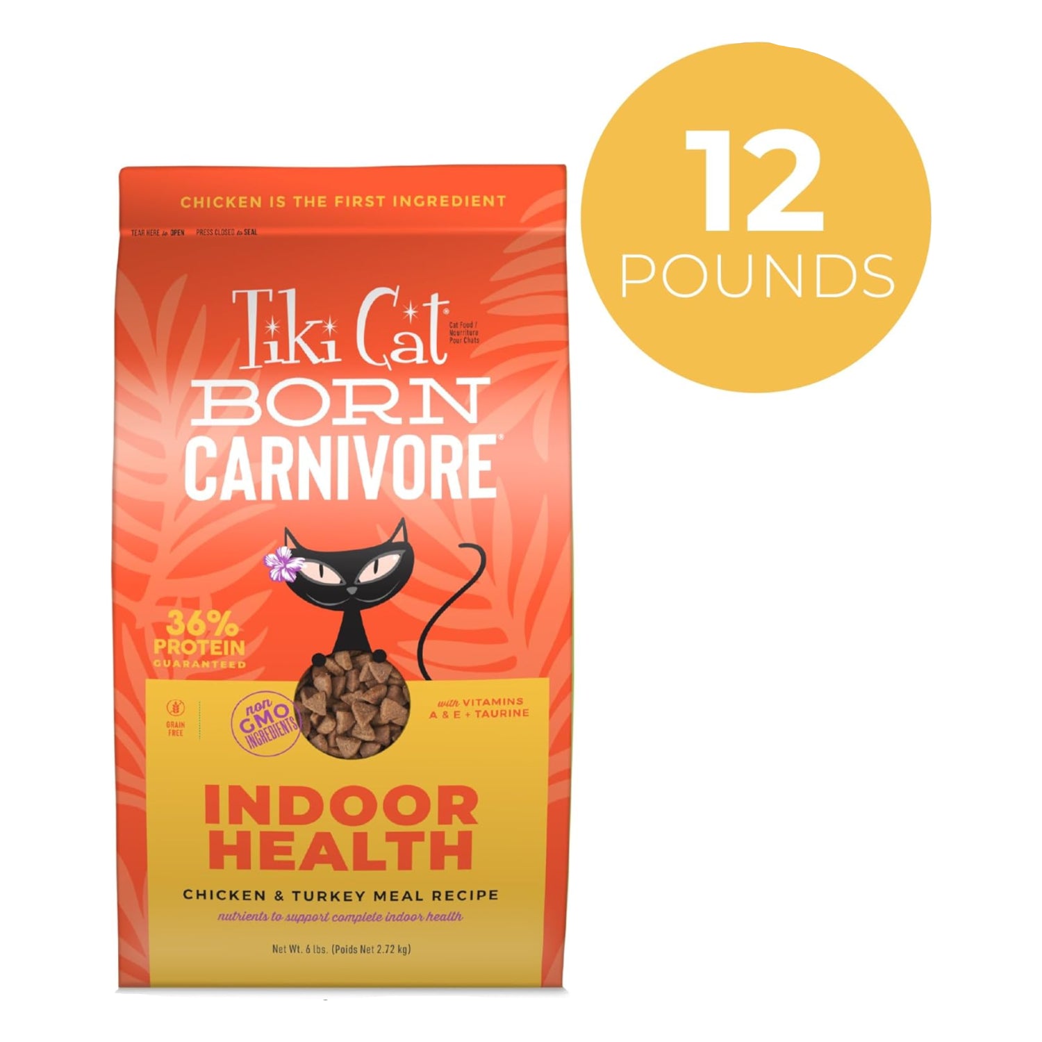 Tiki Cat Born Carnivore indoor dry cat food bag with chicken and turkey meal, 6 lbs, featuring a colorful label and cat imagery
