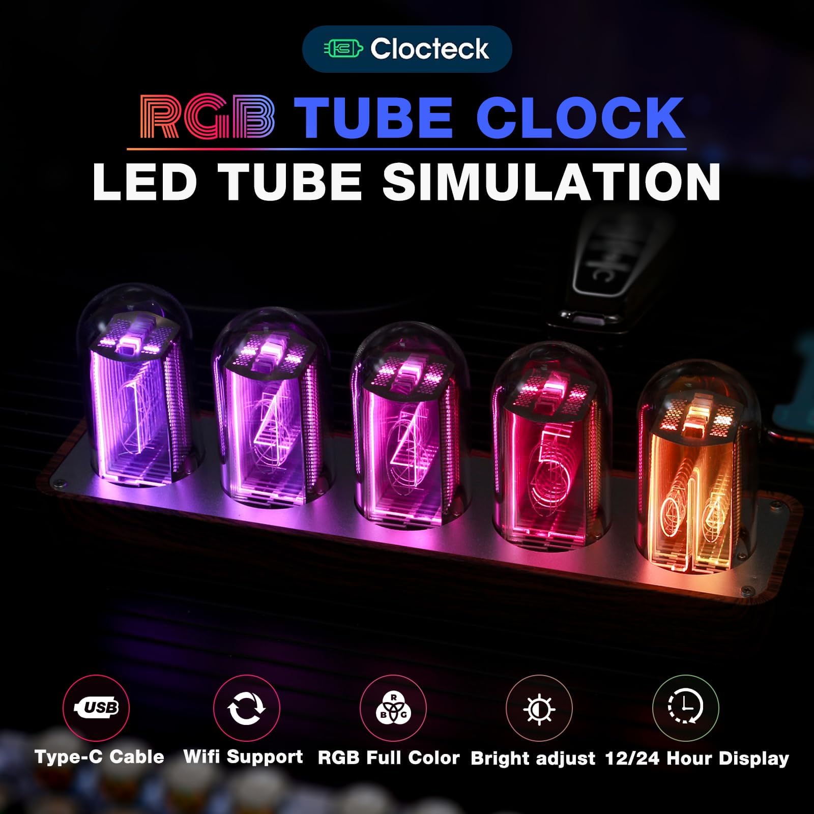 ClocTeck Nixie Tube Clock with Wi-Fi SYNC, Alarm & Timer, 12/24H by ClocTeck - Angle View 3