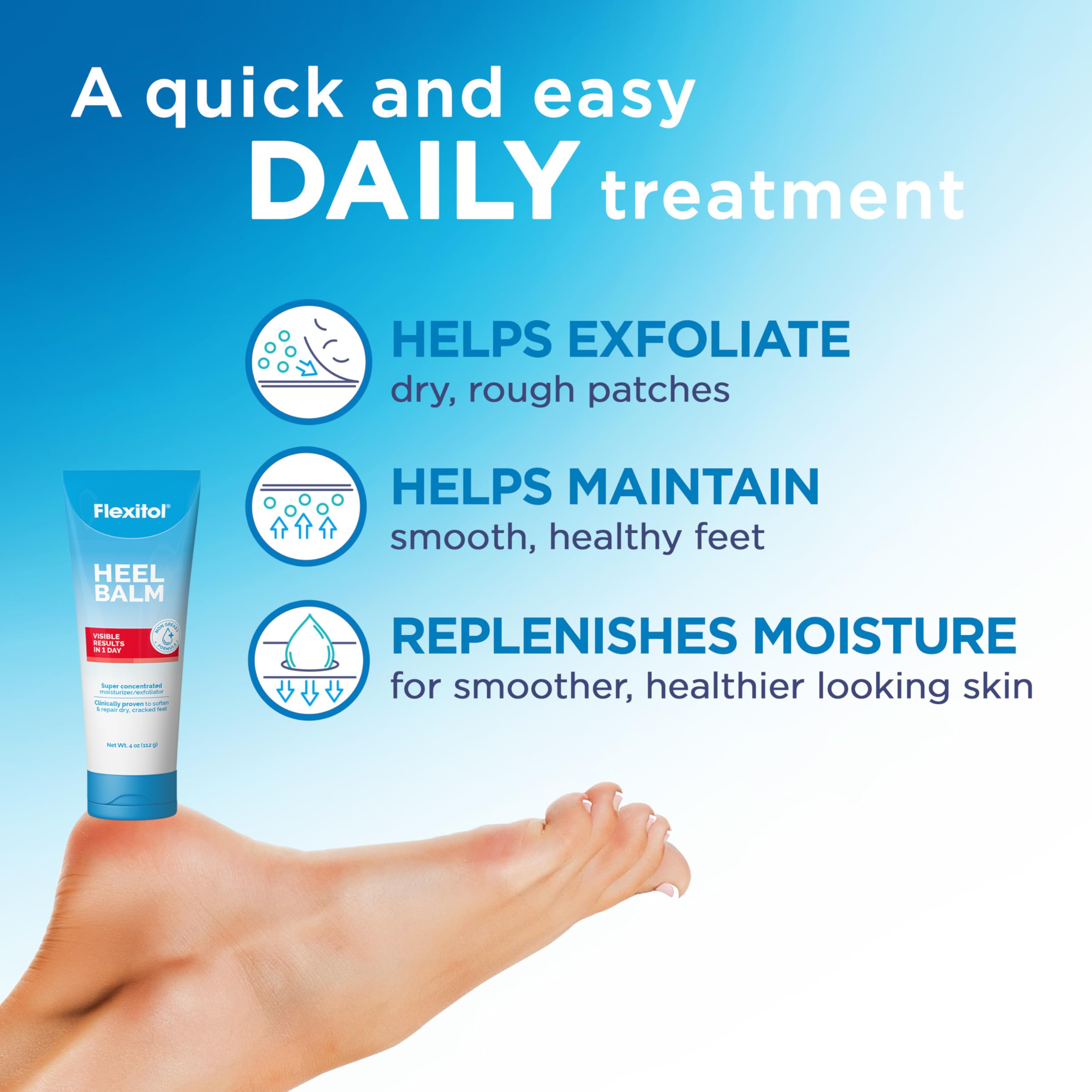 Flexitol Heel Balm in a 4 oz tube, foot care product for cracked heels and dry, rough skin on the feet.