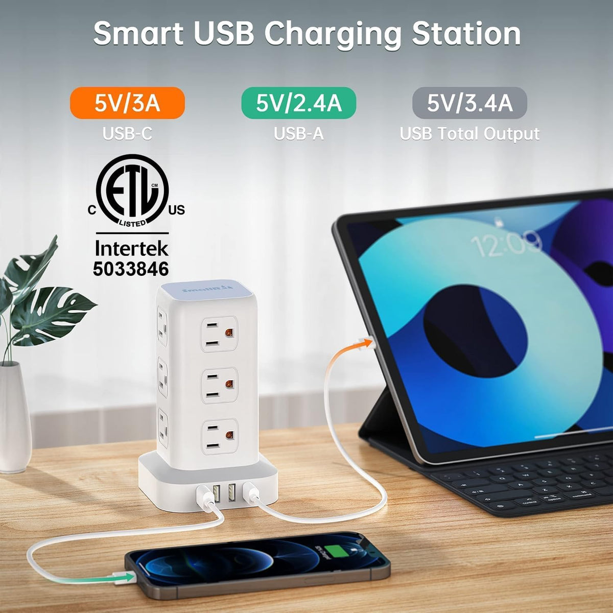 6 5Ft Power Strip Tower with 12 Widely Outlets 4 USB Ports - SMALLRT Official Imagery - 3